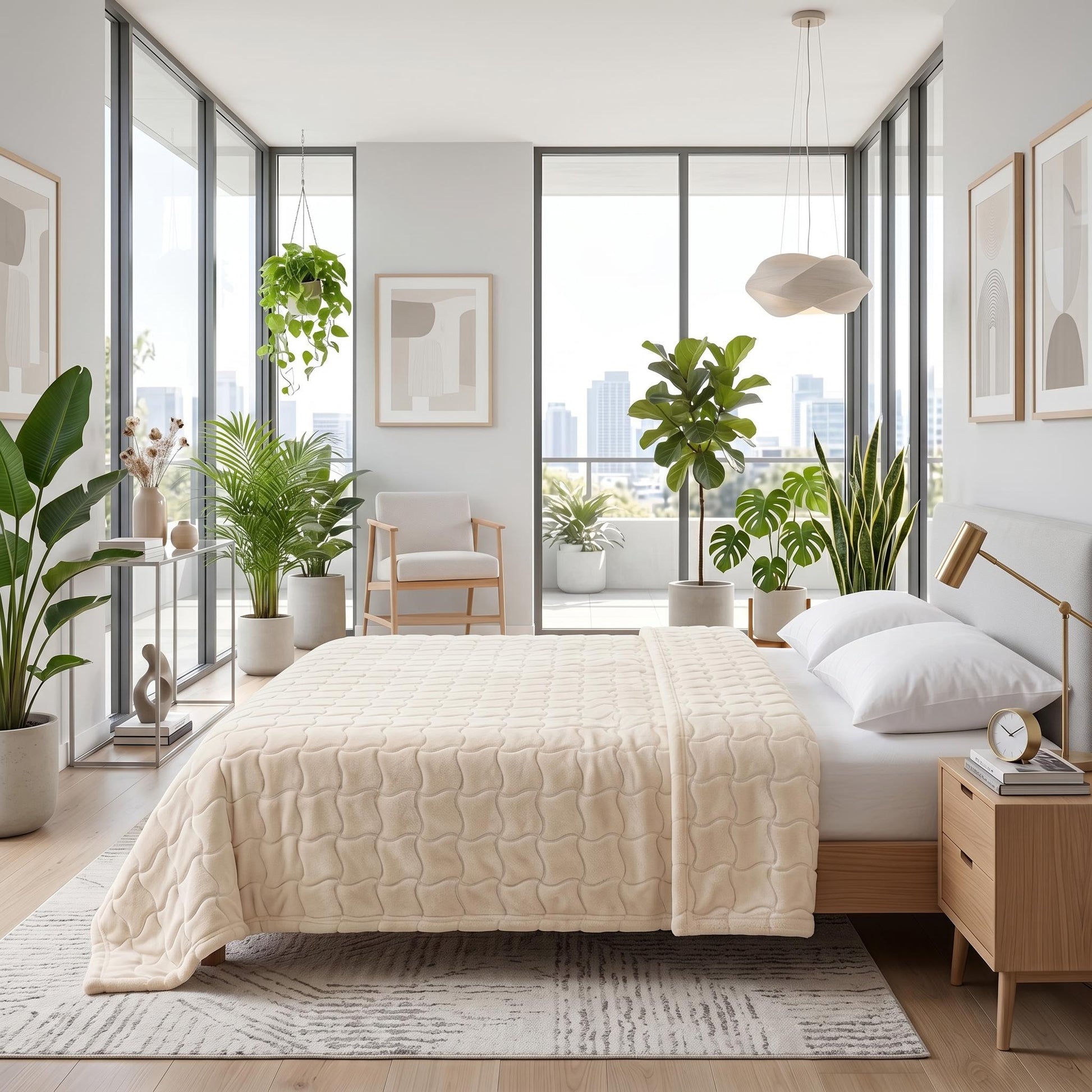 Cream faux fur throw blanket with a subtle geometric pattern draped over a bed in a bright, modern bedroom.