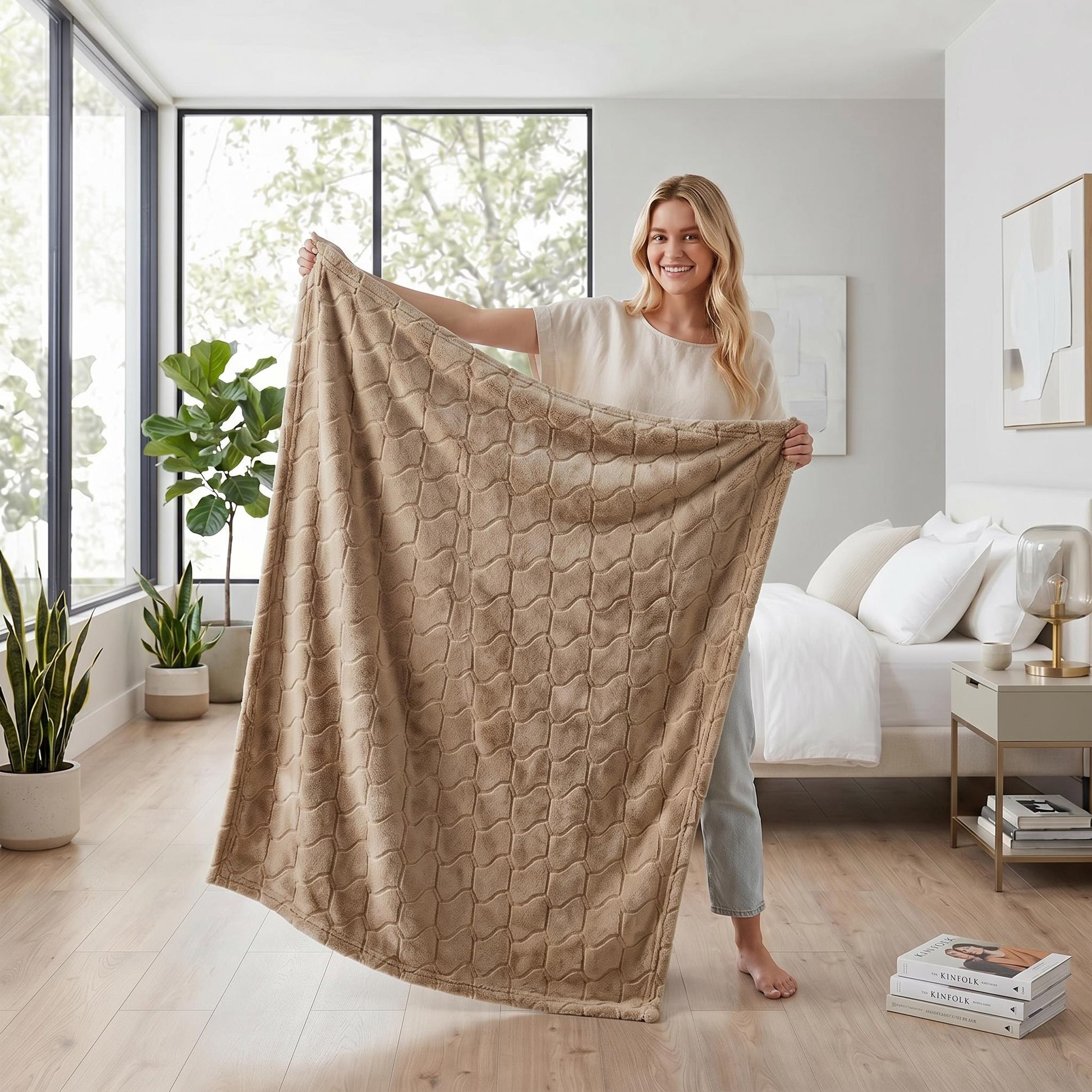 Smiling woman holding a soft, textured beige faux fur throw blanket in a modern bedroom.