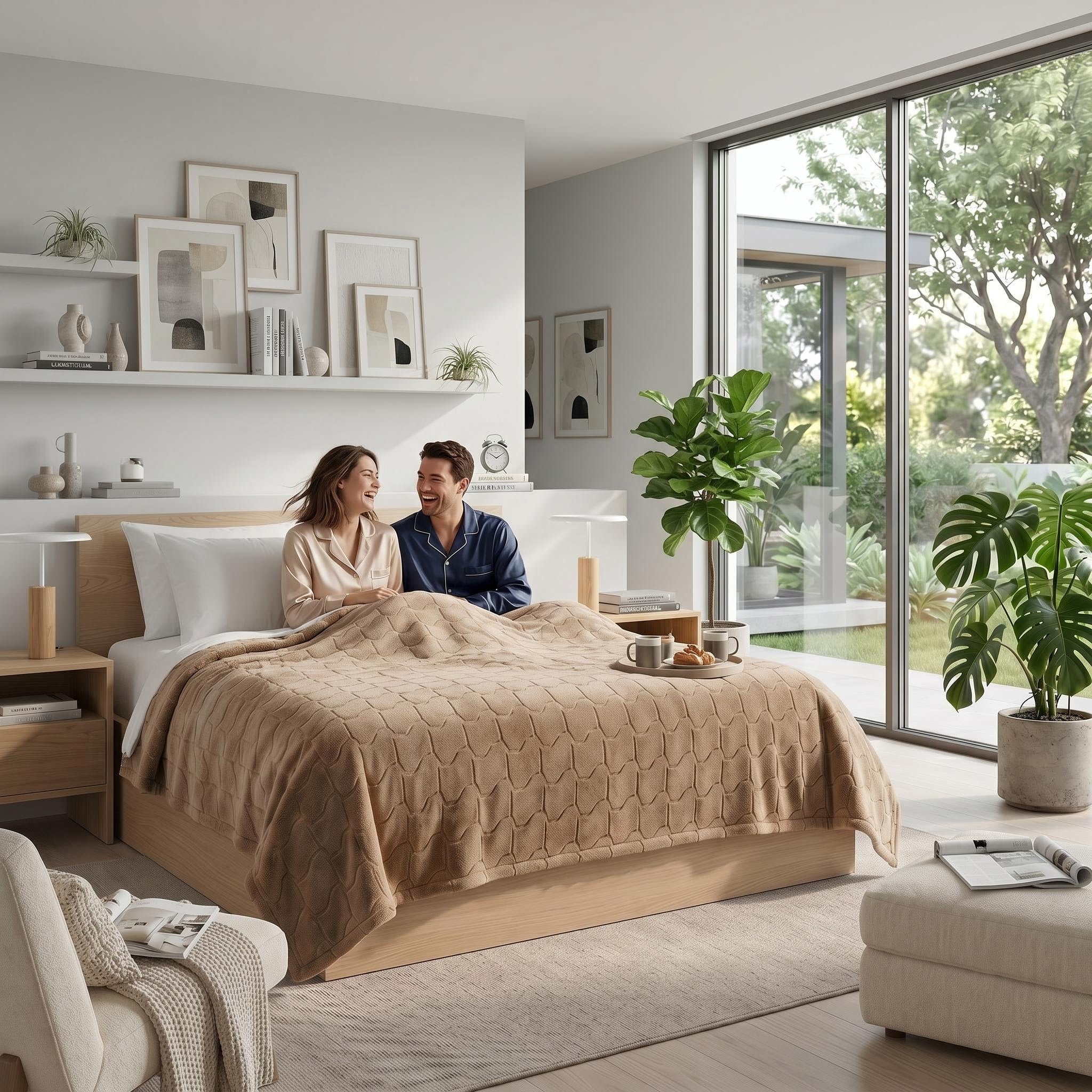 Couple relaxing in bed with a soft, textured beige faux fur throw blanket in a modern bedroom.