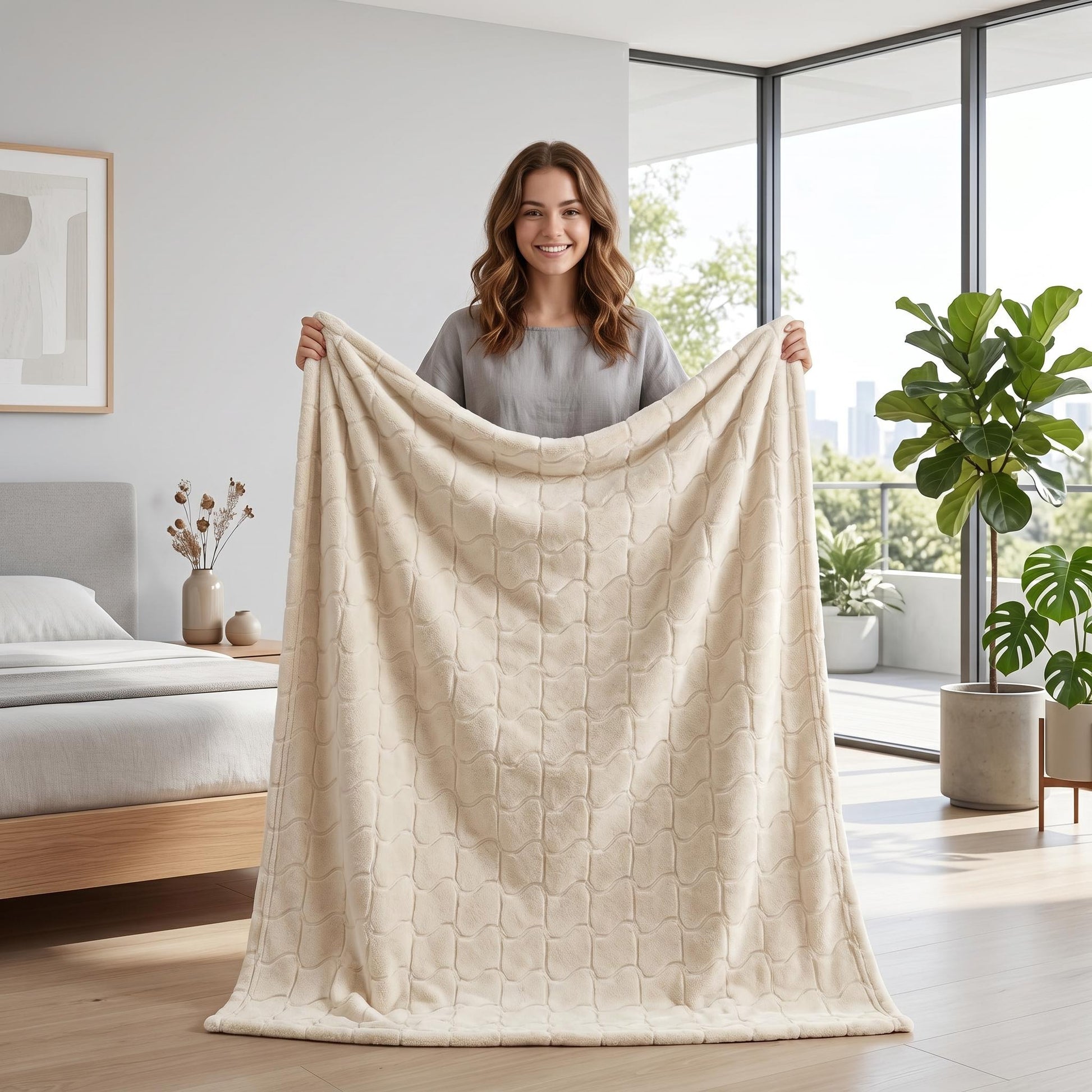 Smiling woman holding a soft, plush beige faux fur throw blanket with a subtle tatting pattern.