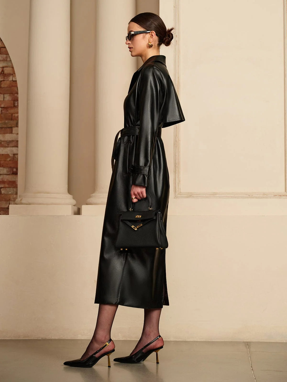 Faux Leather Midi Trench Coat for Women with Belted Waist 1