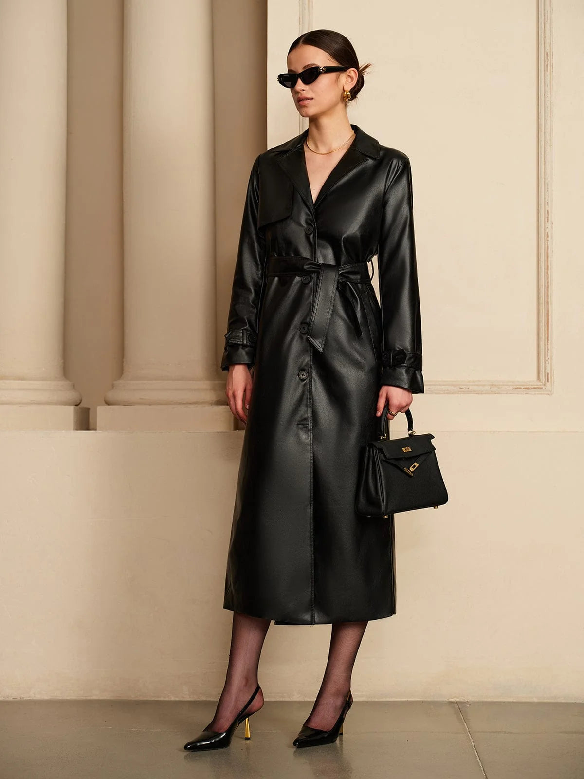 Faux Leather Midi Trench Coat for Women with Belted Waist 0