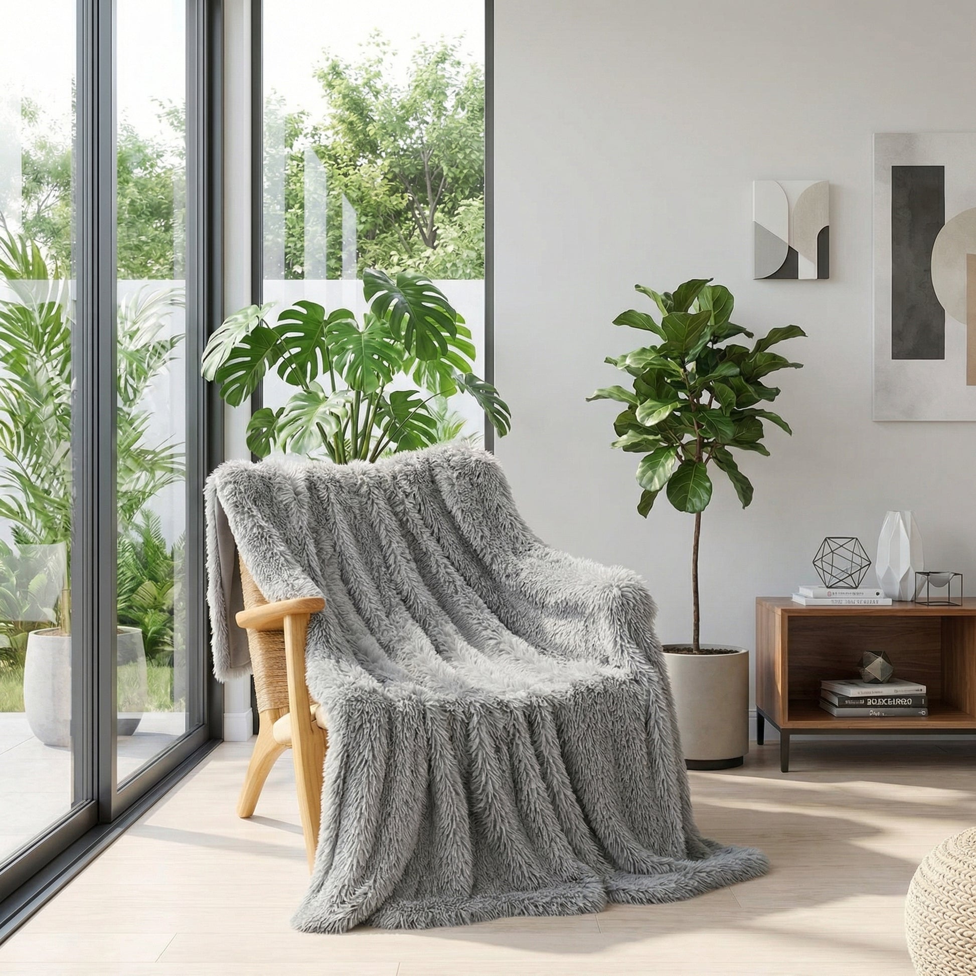 Soft gray faux microfiber blanket draped over a wooden armchair in a bright, modern living room.