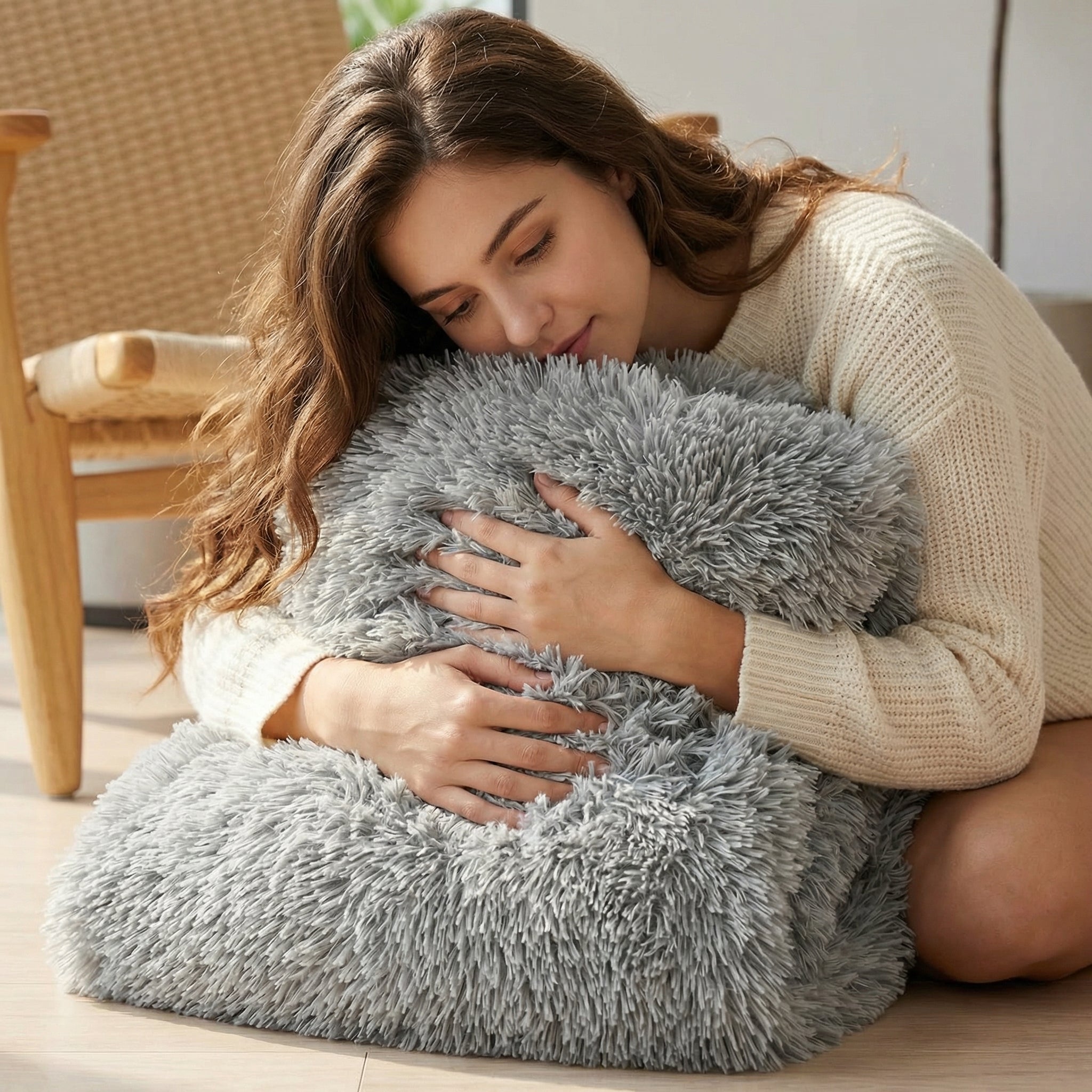 Woman hugging a soft, solid gray faux microfiber coral fleece blanket.