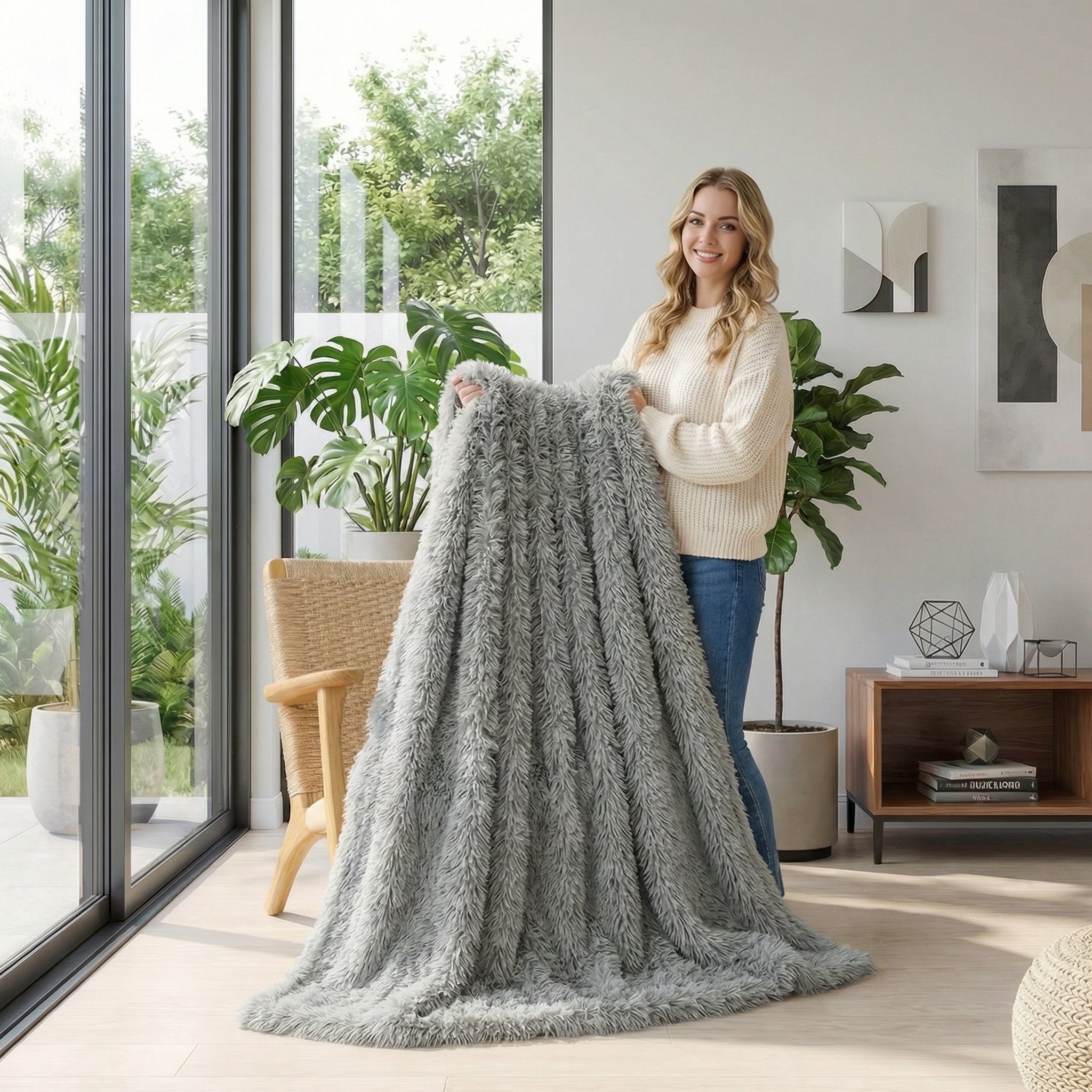 Woman holding a soft, solid gray faux microfiber coral fleece blanket in a modern living room.