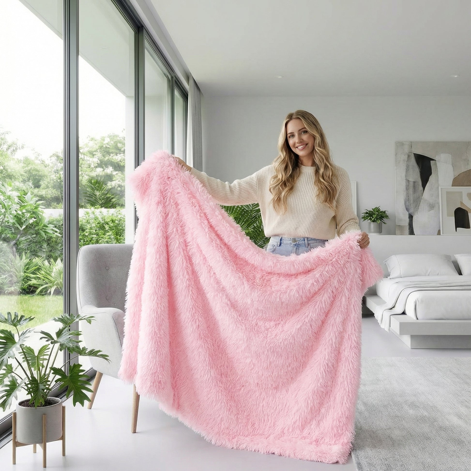 Woman holding a soft, fluffy pink coral fleece throw blanket in a modern living room.