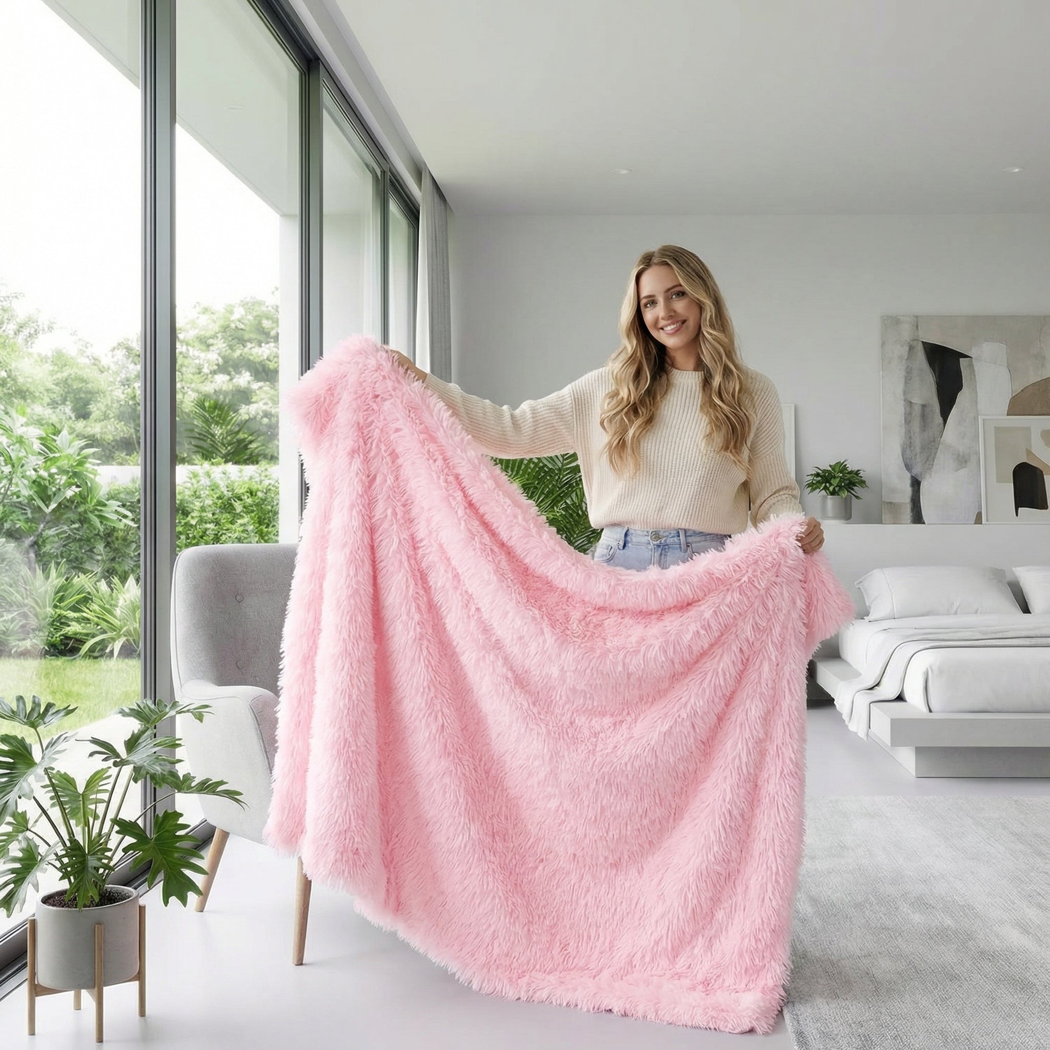 Woman holding a soft, fluffy pink coral fleece throw blanket in a modern living room.