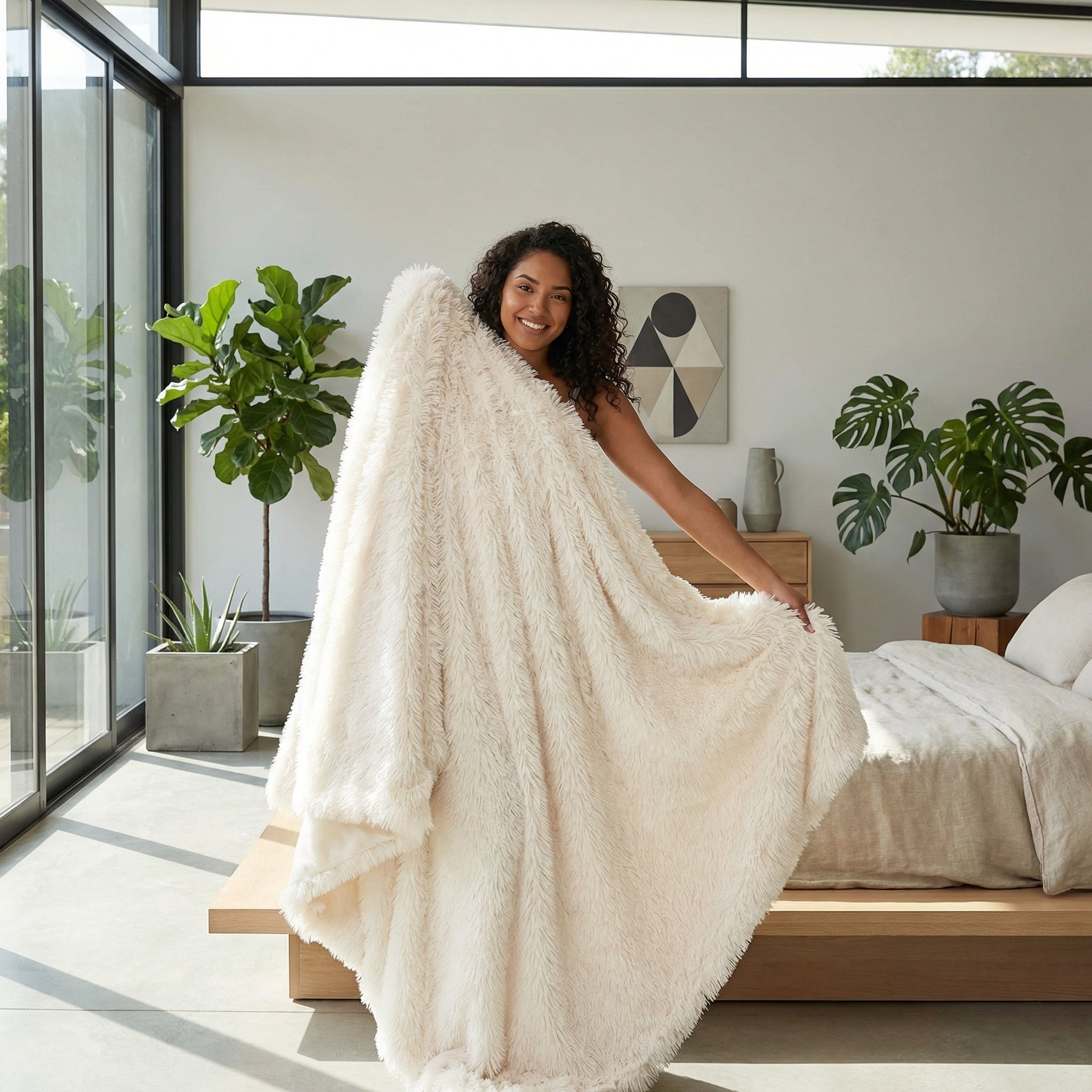 Smiling woman holding a soft, solid cream faux microfiber coral fleece blanket in a bright bedroom.