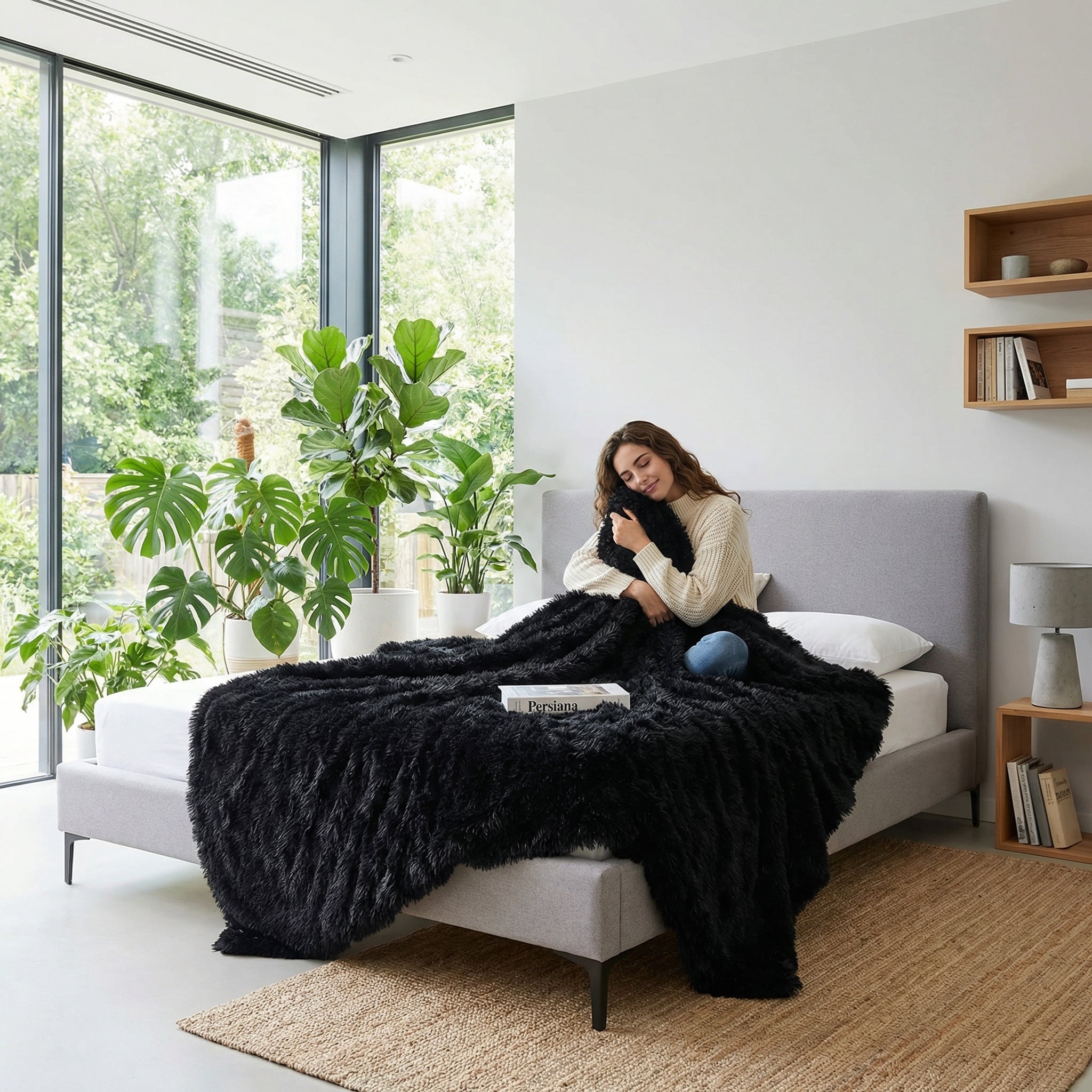 Woman on a bed with a soft, black faux microfiber coral fleece blanket in a modern bedroom.