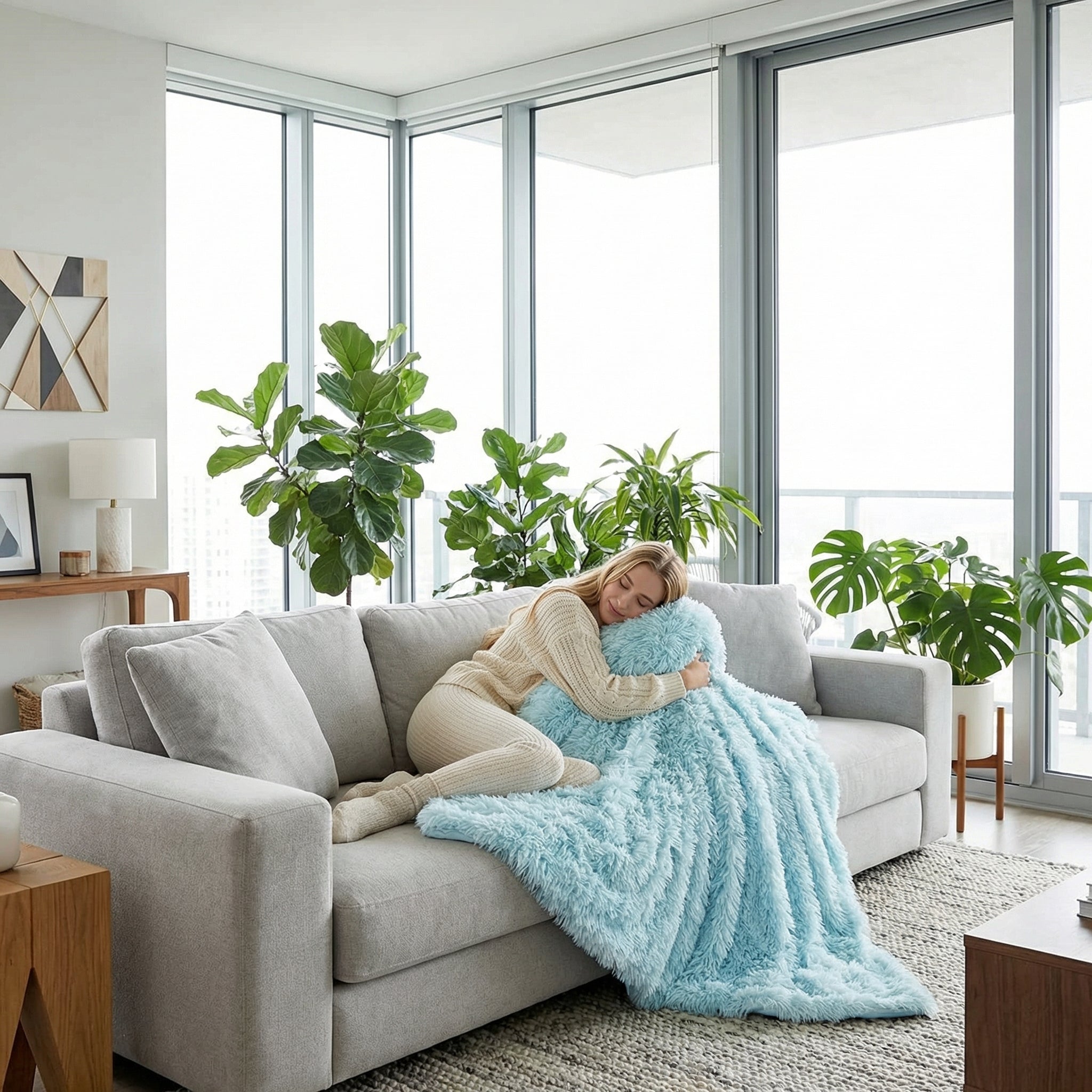 Woman napping on a gray sofa, snuggled in a soft, textured light blue coral fleece blanket.