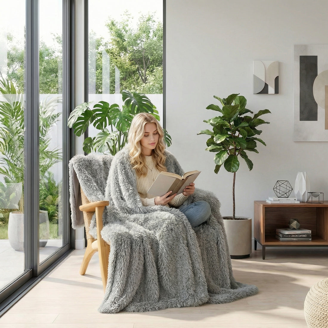 Blonde woman wrapped in a cozy, solid gray faux microfiber coral fleece blanket, reading in a modern living room.