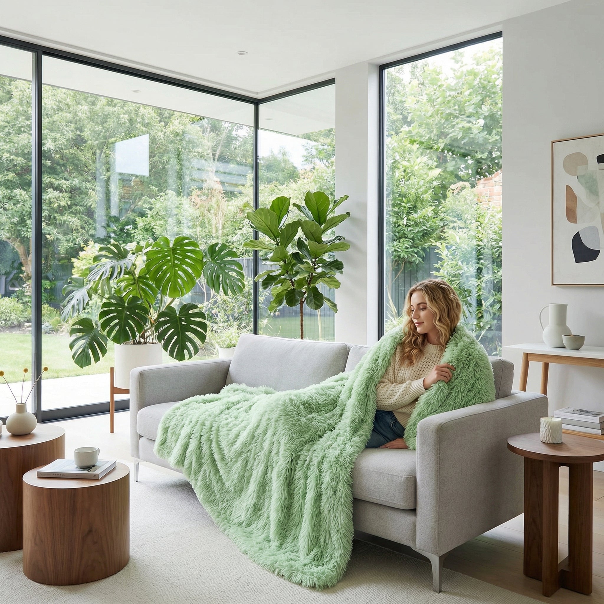 Woman on a gray sofa wrapped in a soft, solid mint green faux microfiber blanket.