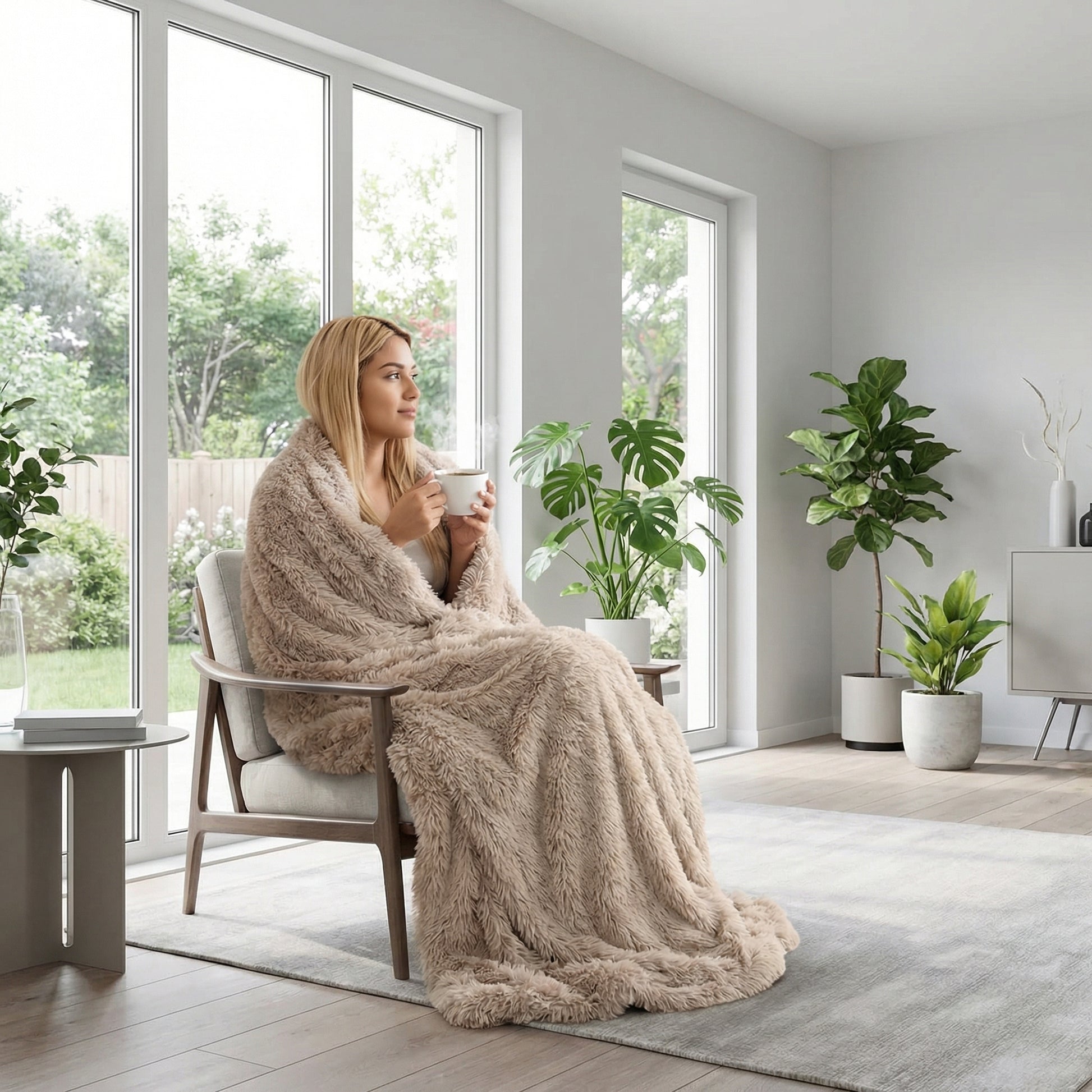 Blonde woman wrapped in a cozy, solid beige coral fleece faux microfiber blanket, enjoying a drink in a bright room.