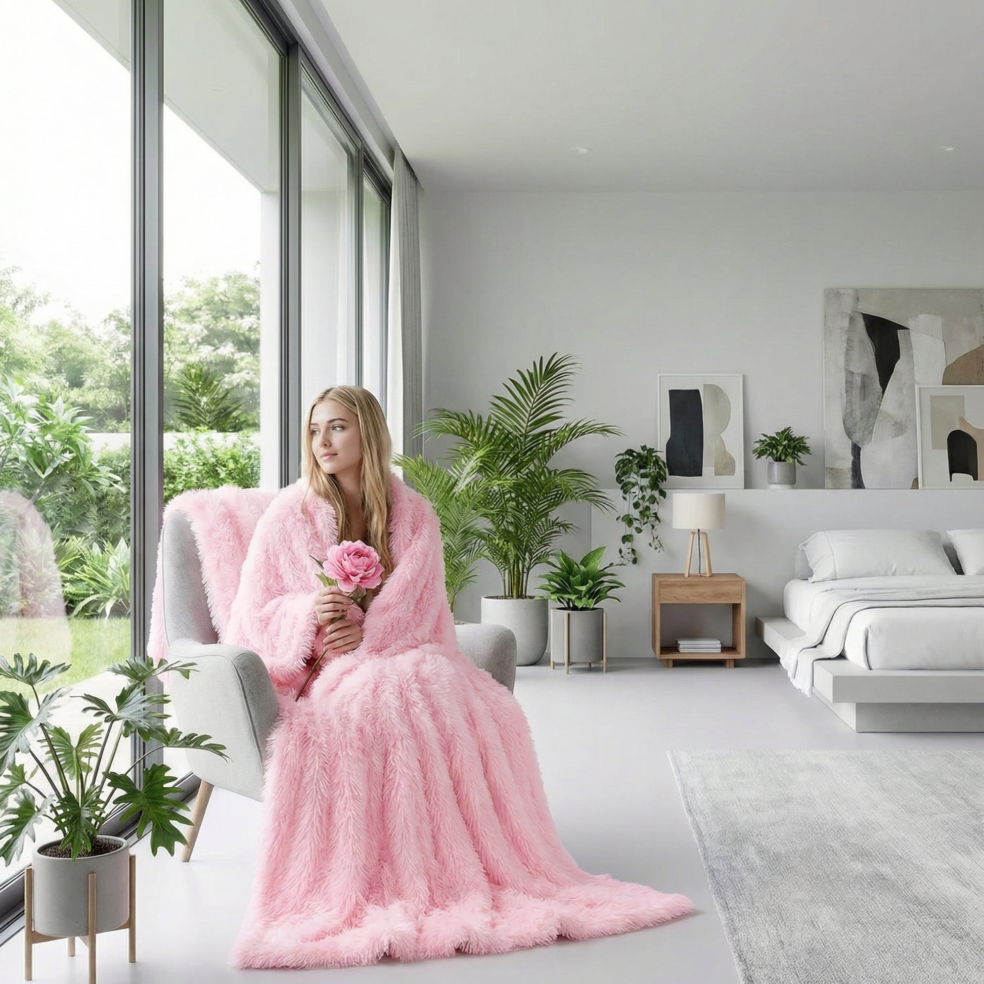 Blonde woman wrapped in a soft, solid pink faux microfiber coral fleece blanket, holding a rose, in a modern bedroom.