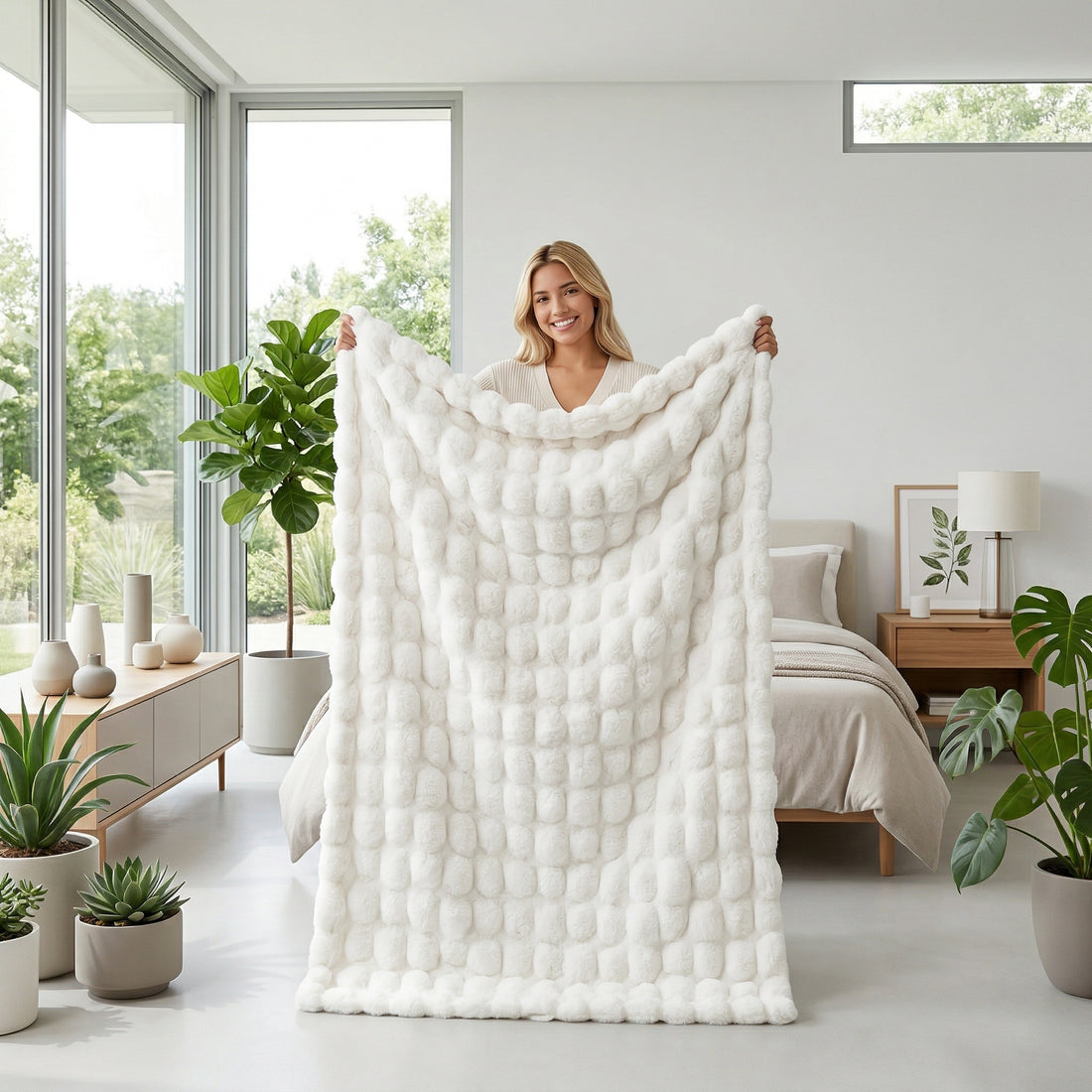 Woman cuddling a fluffy cat, wrapped in a cream faux rabbit fur bubble design throw blanket, in a bright bedroom.
