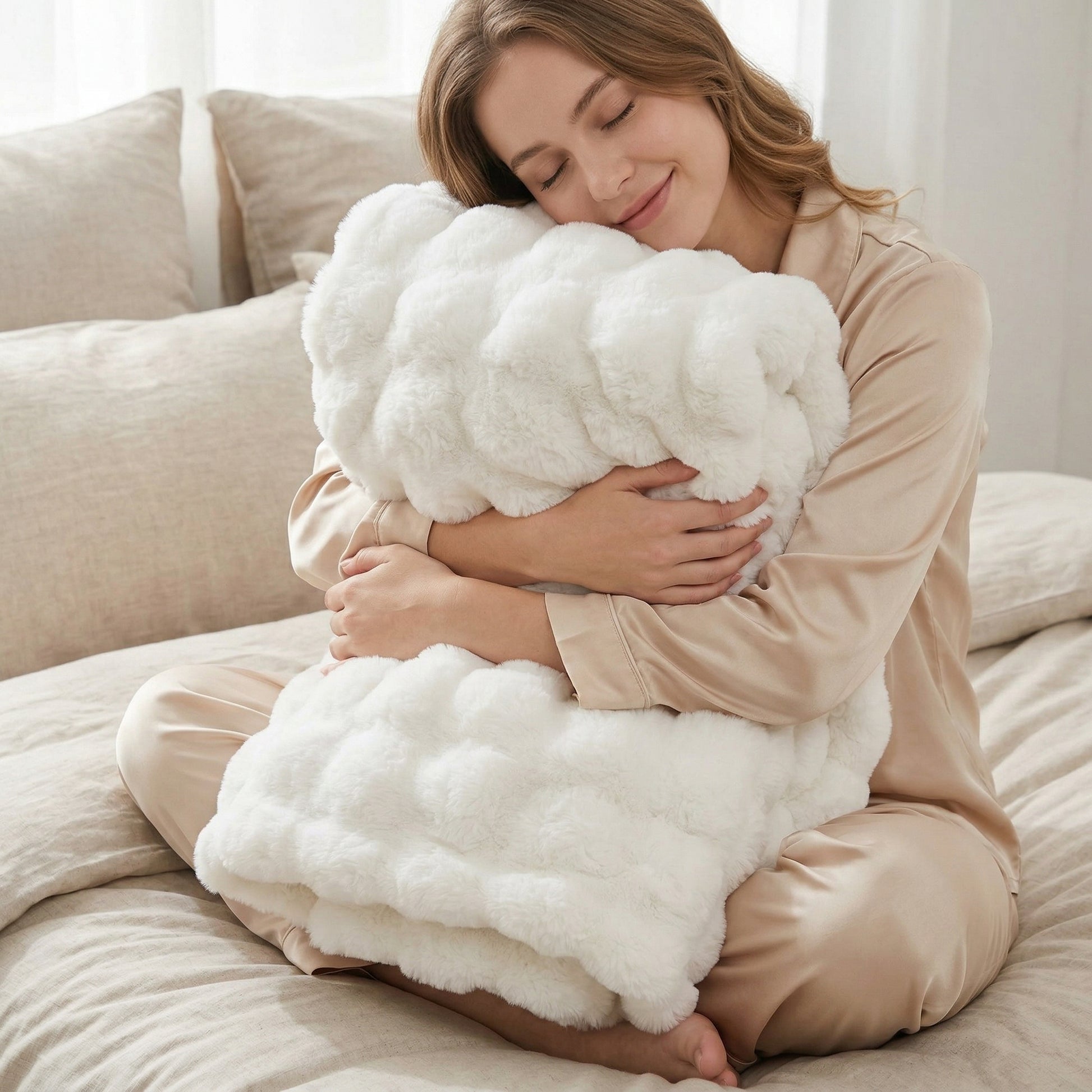 Woman hugging a soft white faux rabbit fur throw blanket with a bubble design on a bed.