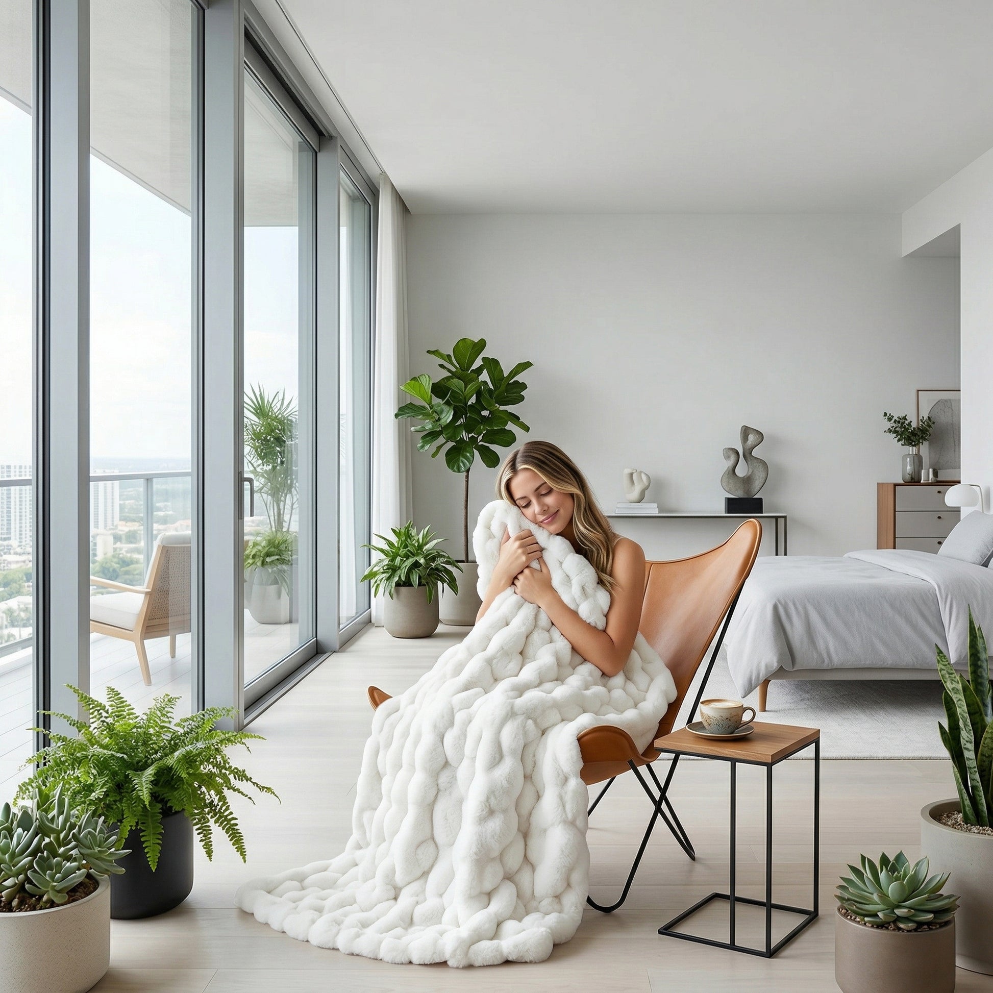 Woman wrapped in a soft white faux rabbit fur throw blanket with a bubble design, sitting in a modern room.