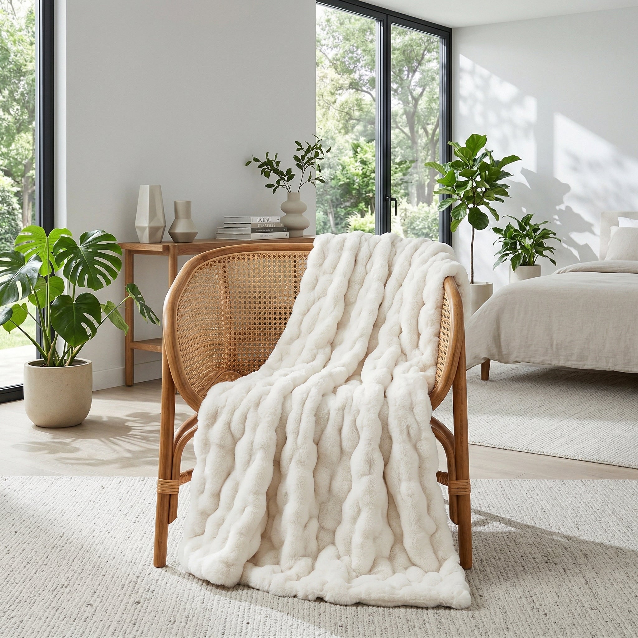 Cream faux rabbit fur throw blanket with a bubble design draped over a rattan chair in a bright room.