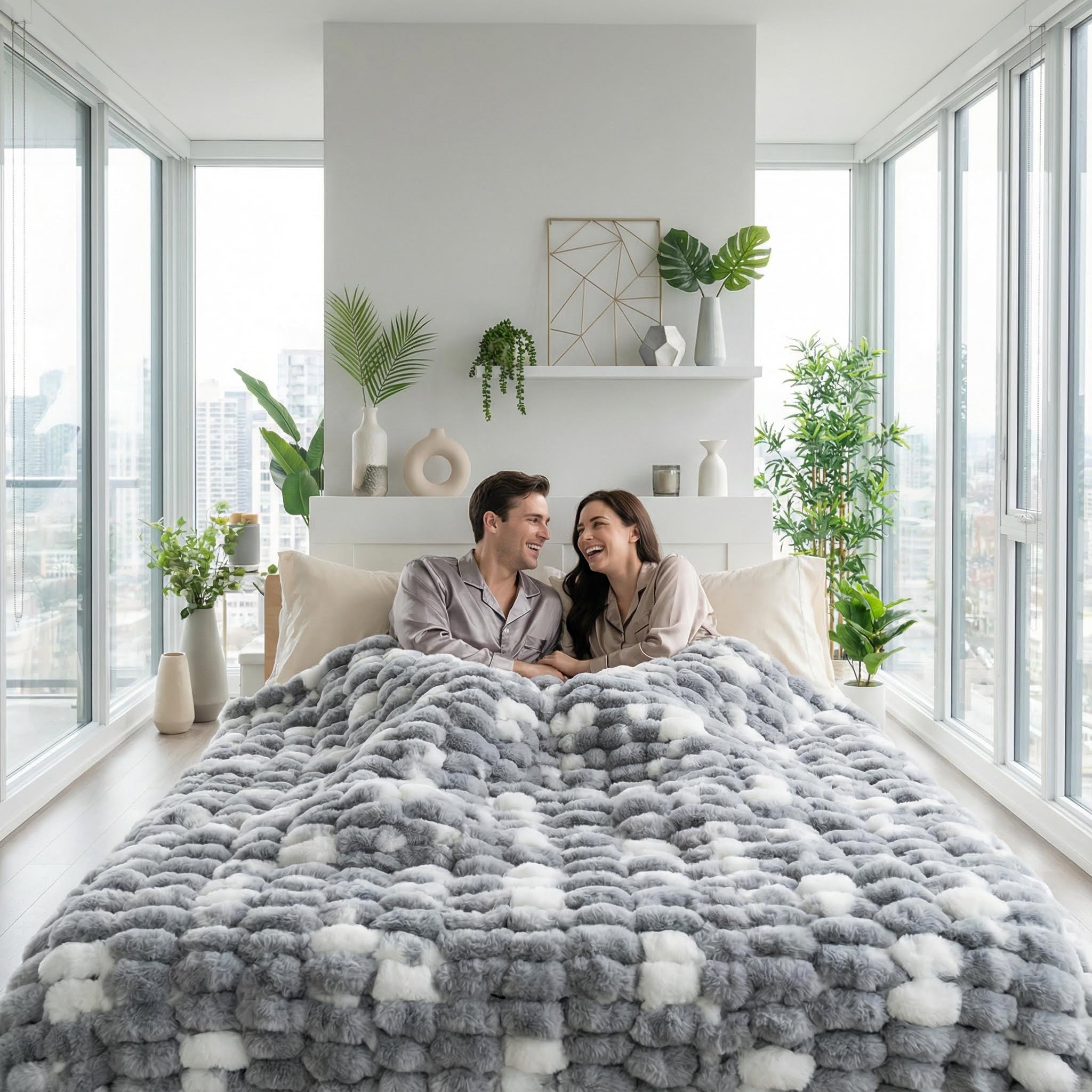 Couple snuggled under a grey and white faux rabbit fur throw blanket on a bed in a bright room.