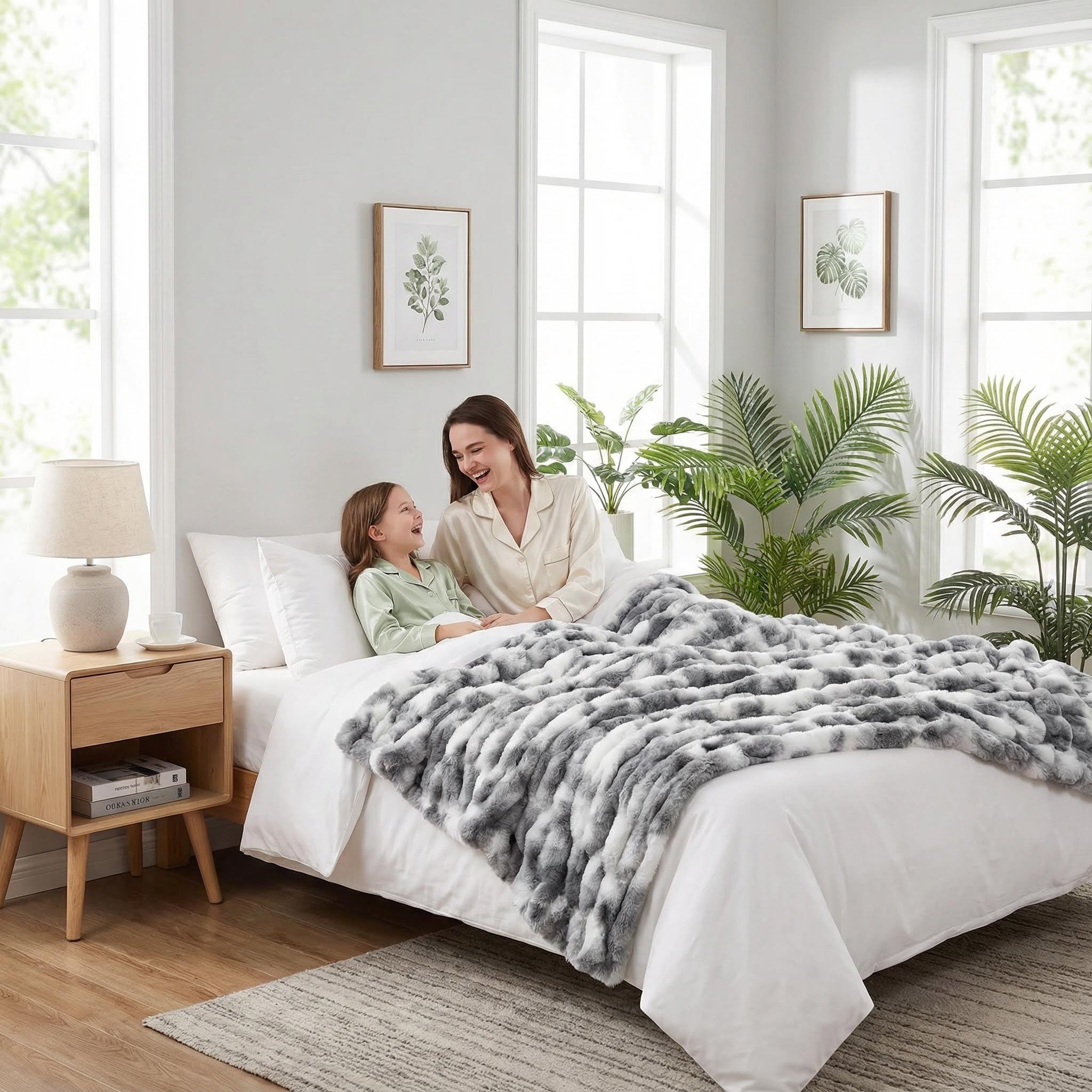 Mother and child on a bed with a grey and white faux rabbit fur throw blanket.