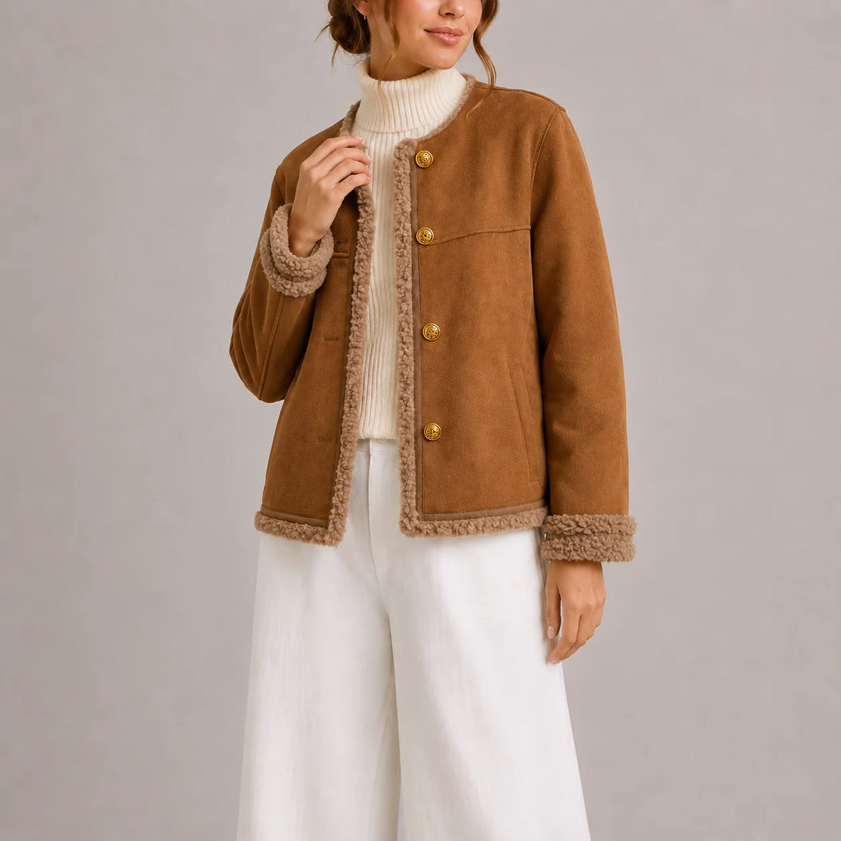 Faux Suede Womens Jacket with Shearling Trim for Autumn 1