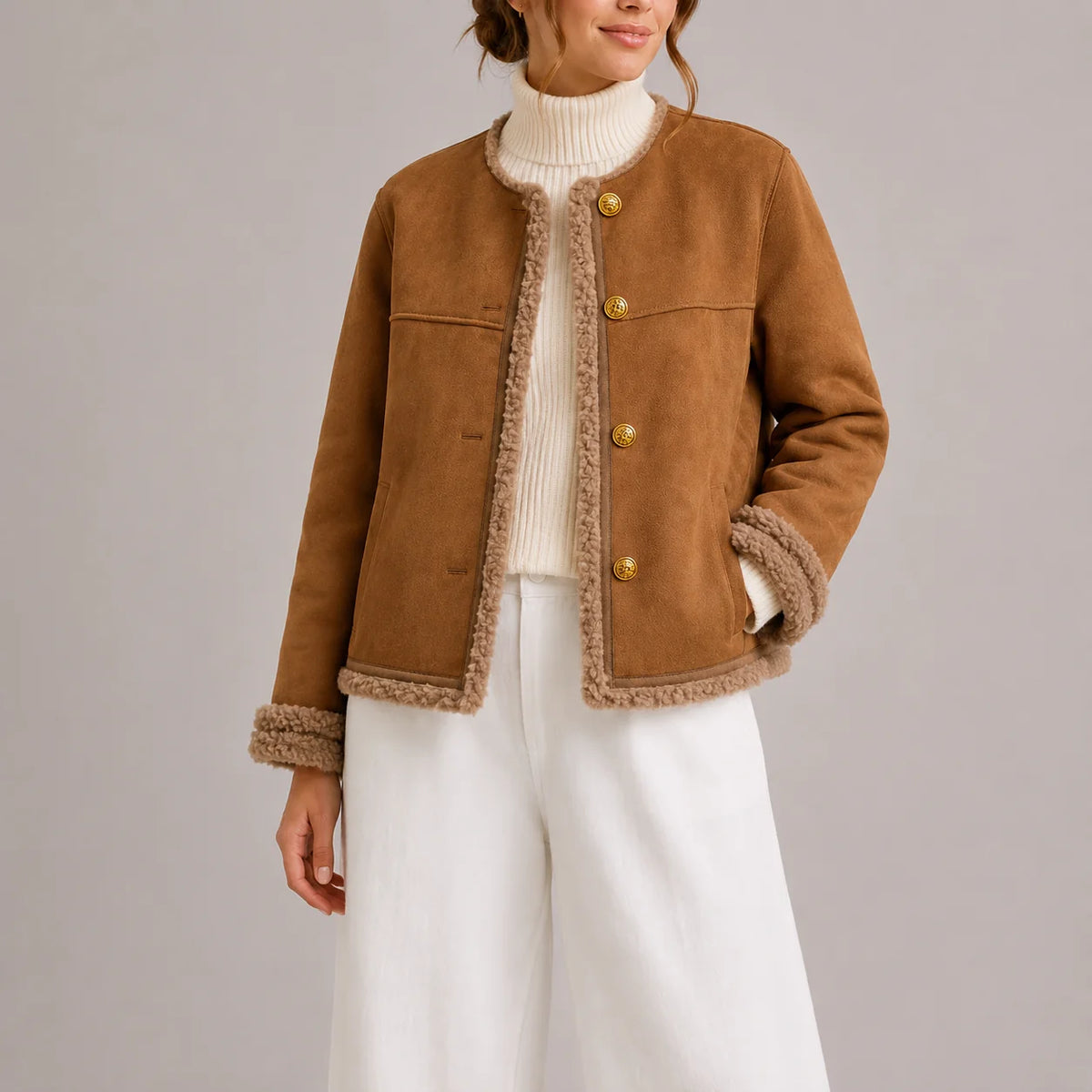 Faux Suede Womens Jacket with Shearling Trim for Autumn 0