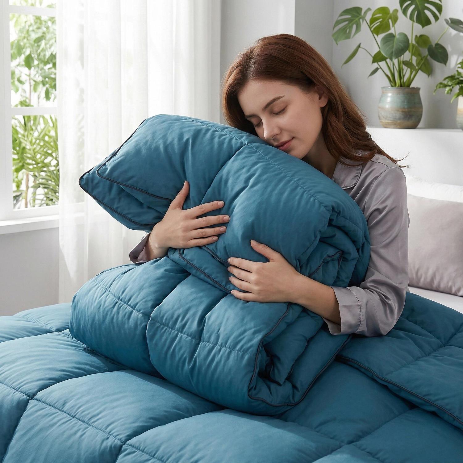 Woman hugging a soft, quilted blue Feather Goose Down Cotton Quilt Comforter on a bed.