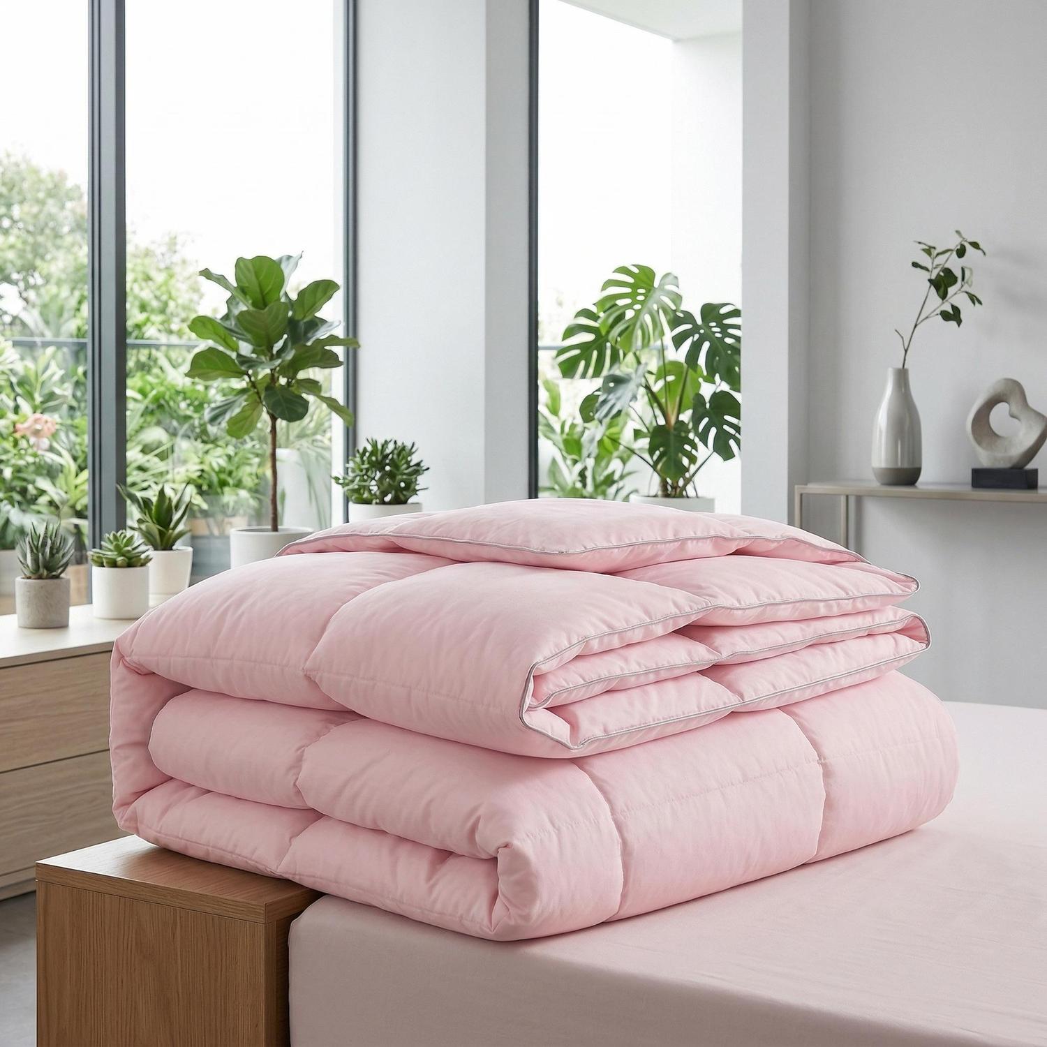 Folded pink goose down cotton quilt comforter with silver piping on a wooden nightstand.