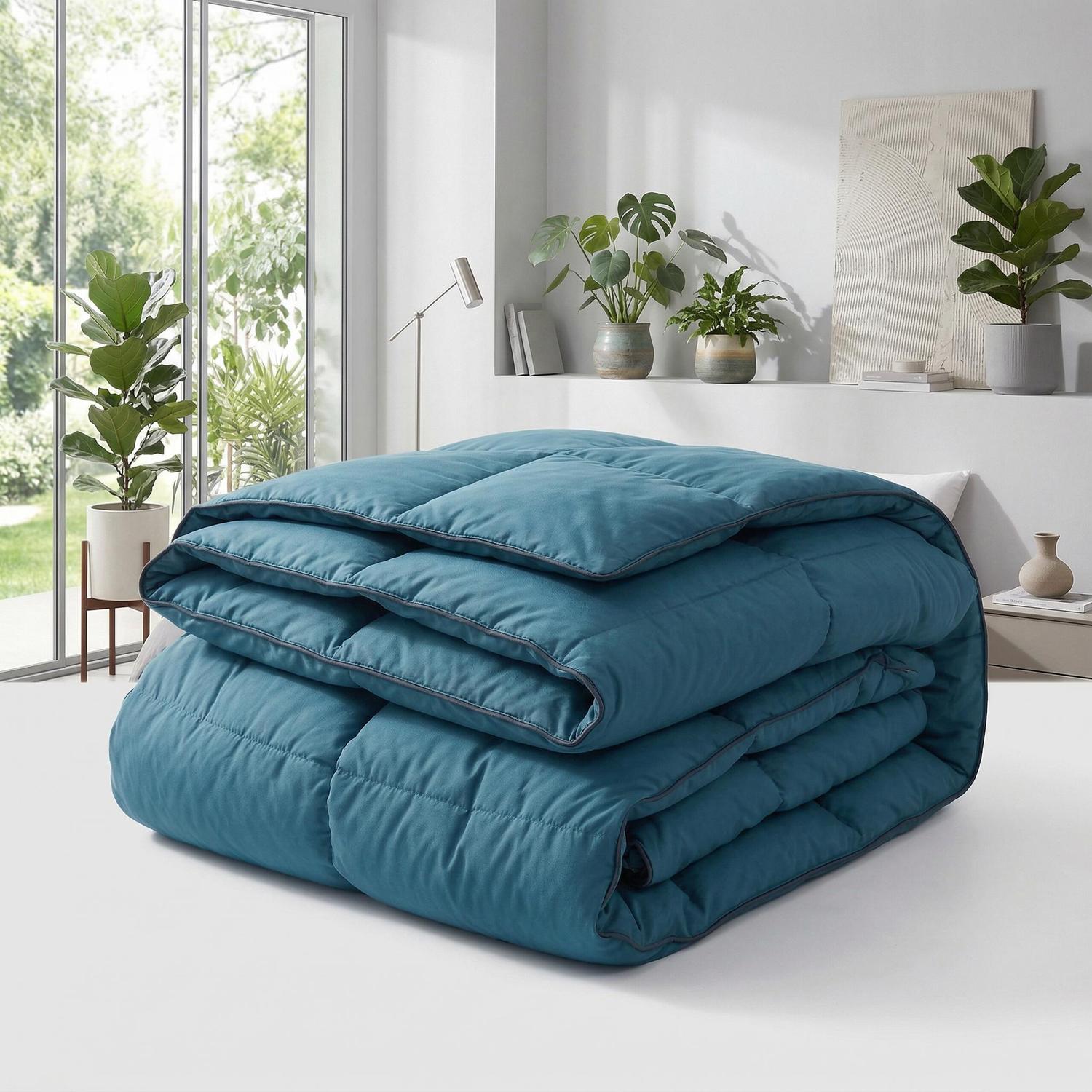 Teal blue cotton goose down comforter, folded neatly on a bed in a bright, modern bedroom.