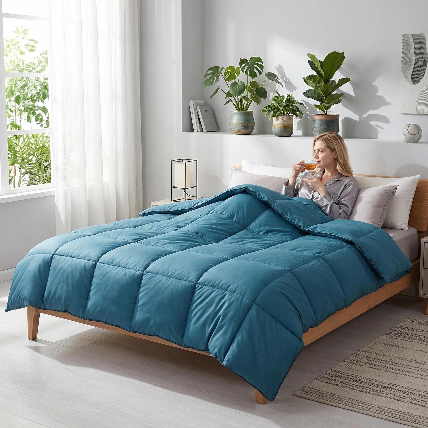 Woman relaxing in bed under a teal blue quilted goose down comforter, drinking tea in a bright bedroom.