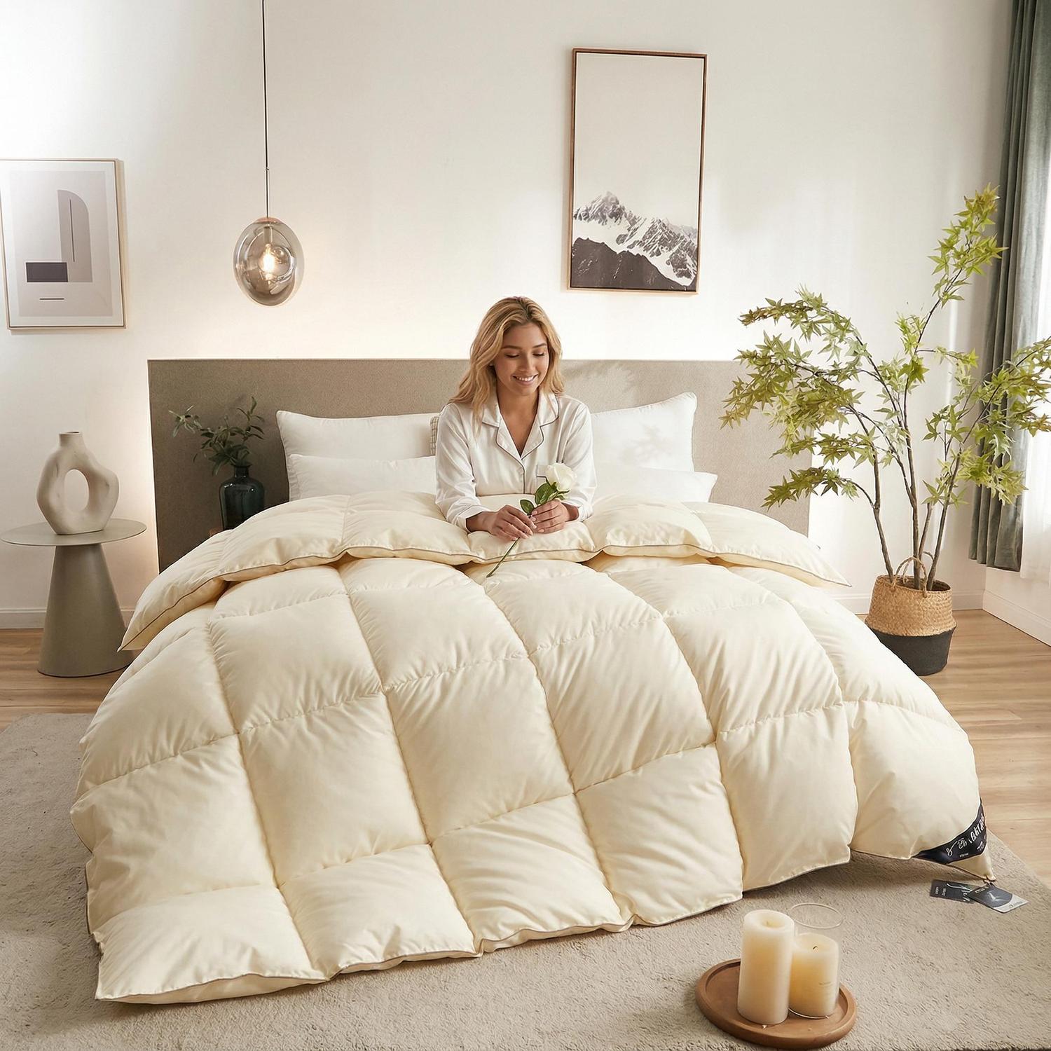 Smiling woman in bed under a thick, cream-colored goose down cotton quilt comforter.
