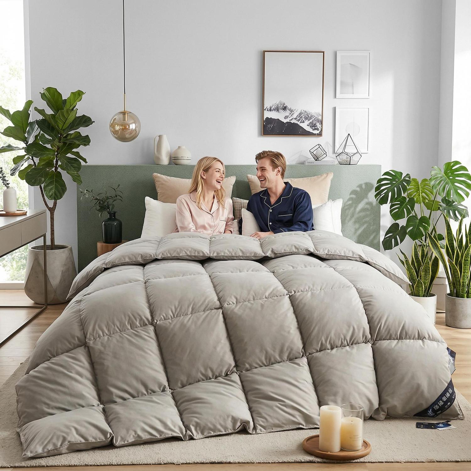 Couple in bed with a soft, light gray Feather Goose Down Cotton Quilt Comforter.