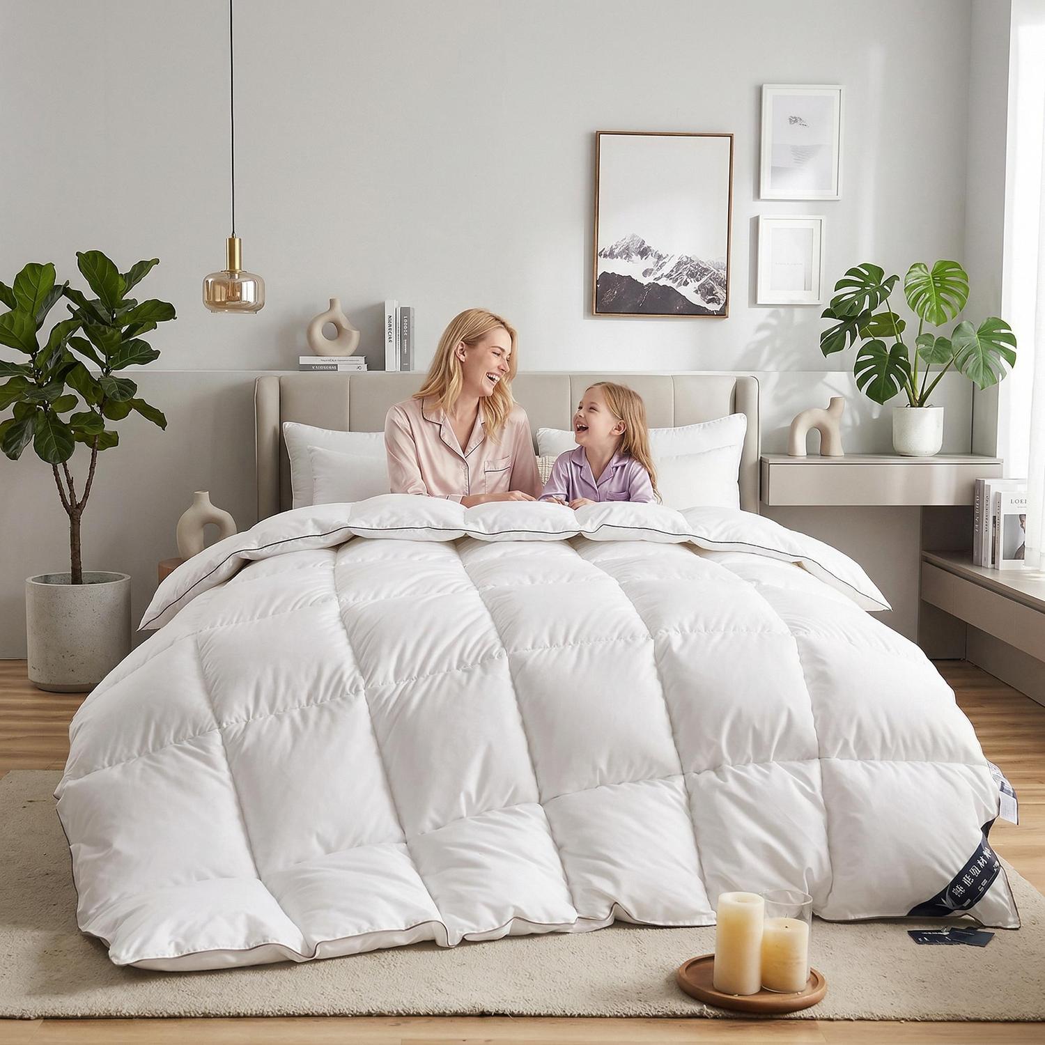 White goose down cotton quilt comforter on a bed with a mother and child.