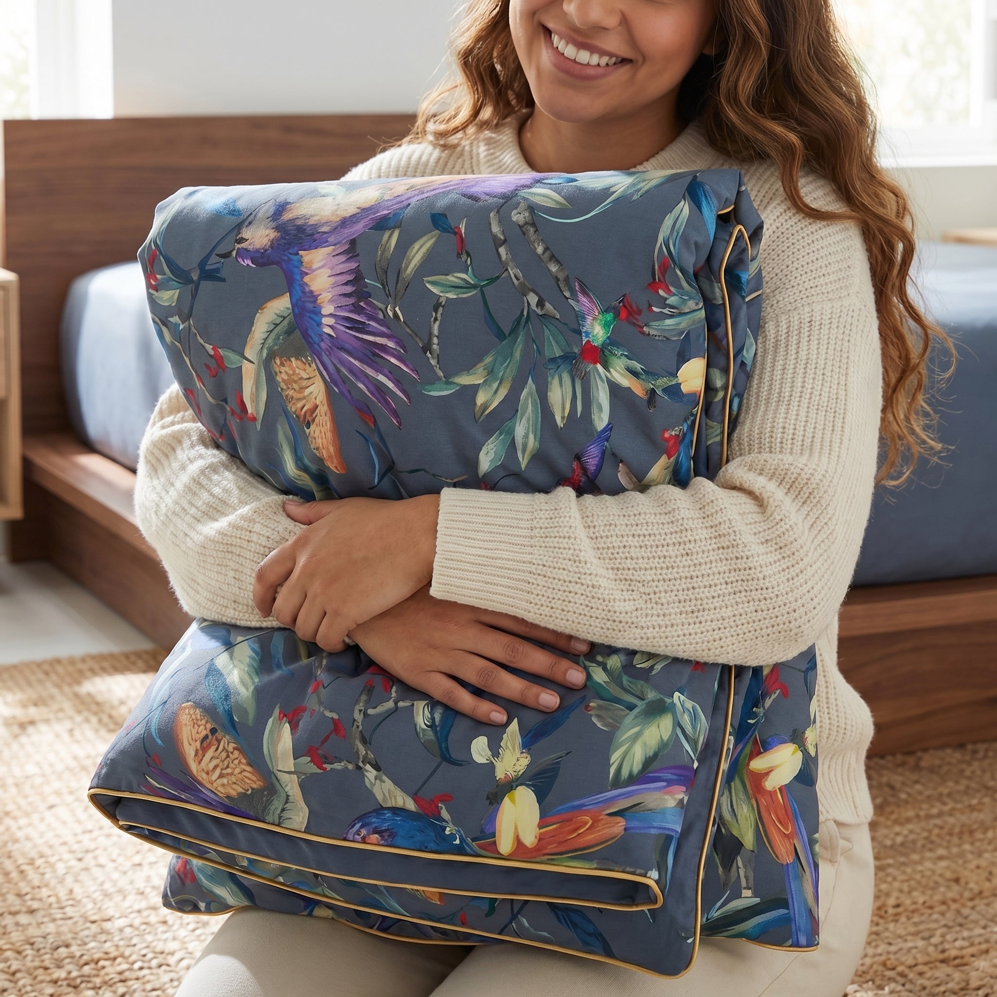 Woman holding a folded blue bedding set with colorful tropical birds and foliage, accented with a golden trim.