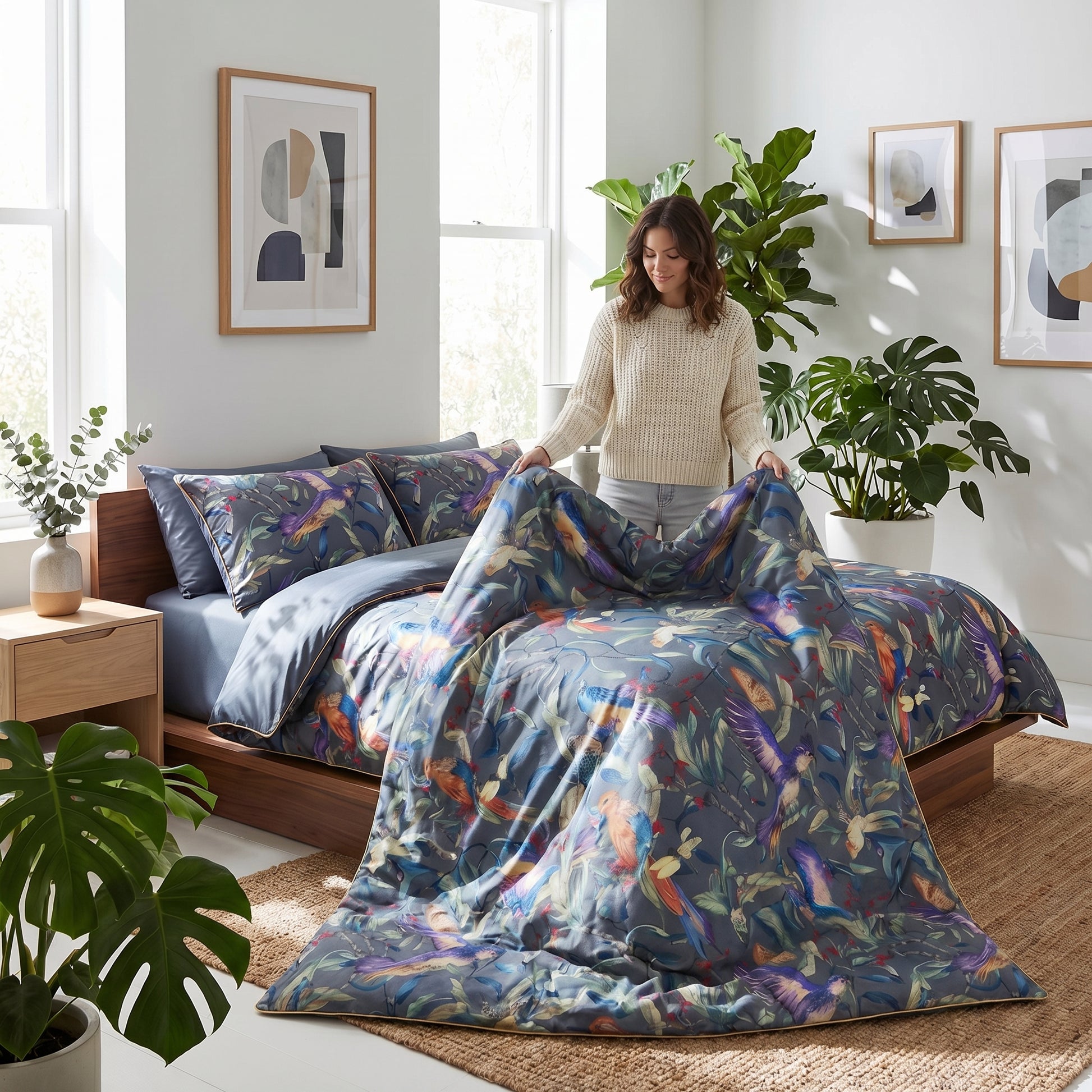 Woman making a bed with a vibrant Festival Floral Bedding Set featuring colorful birds and foliage on a dark background.