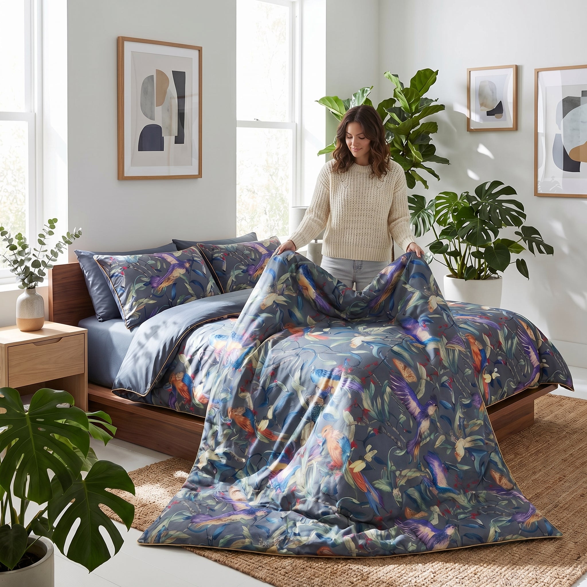 Woman making a bed with a vibrant Festival Floral Bedding Set featuring colorful birds and foliage on a dark background.