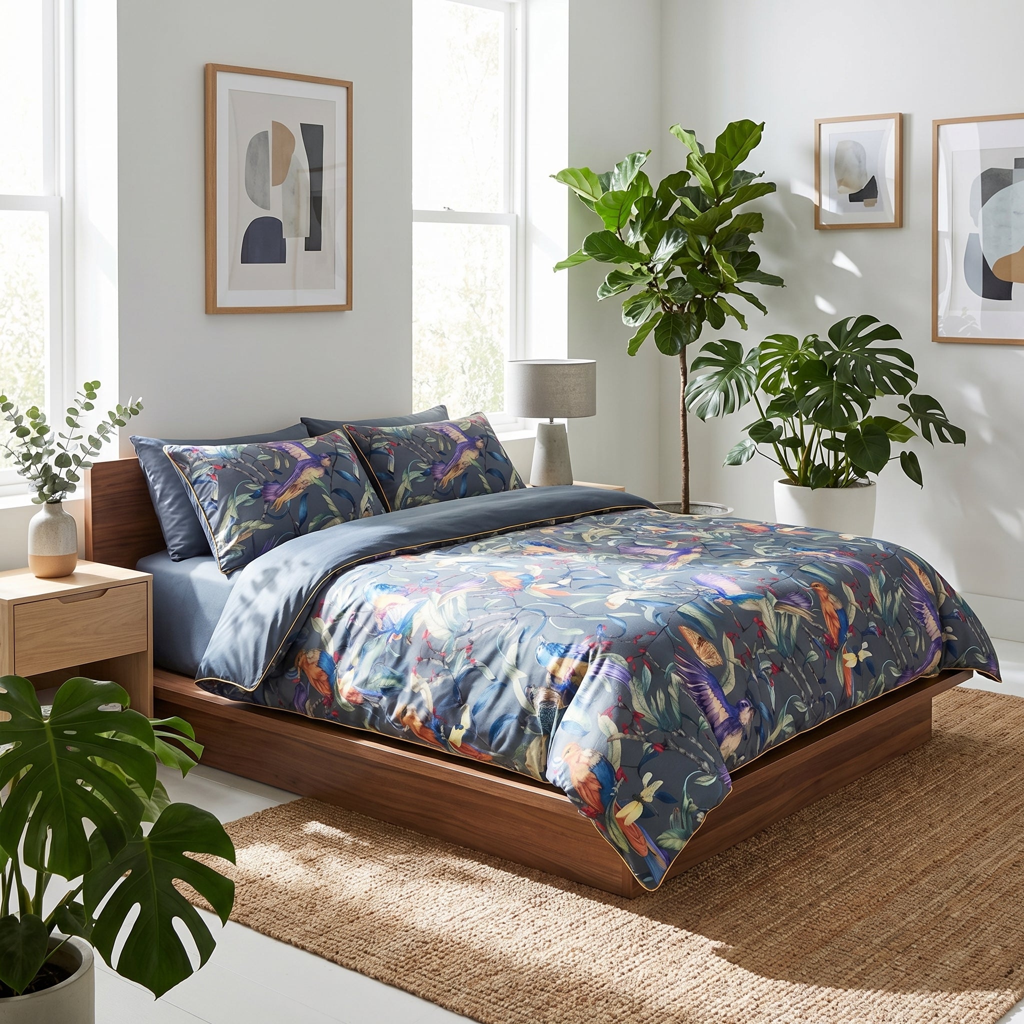 Festival Floral Bedding Set with vibrant painterly florals in crimson, violet, and golden tones on a dark background.
