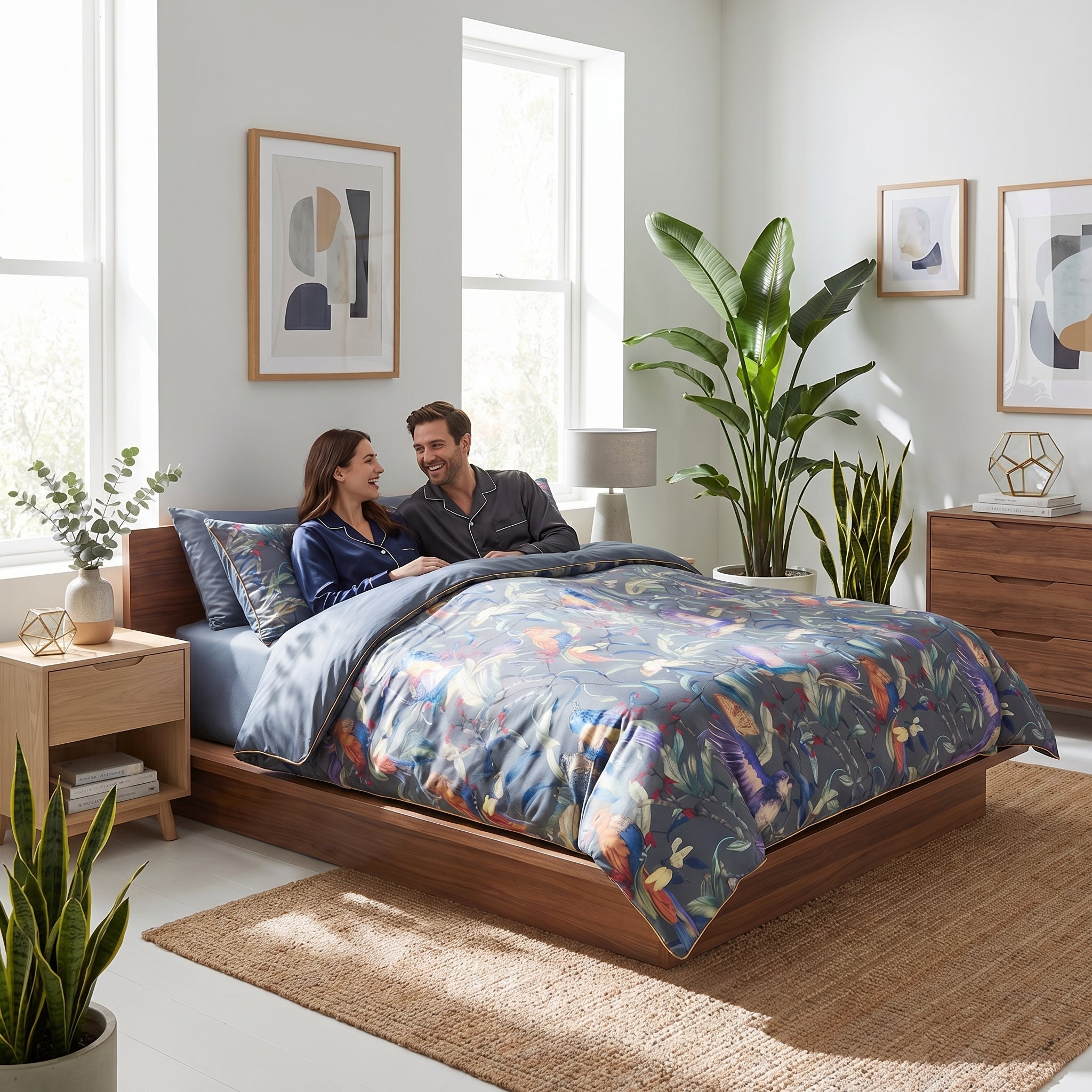 Couple in bed with Festival Floral Bedding Set, featuring painterly florals in crimson, violet, and golden tones on cotton sateen.