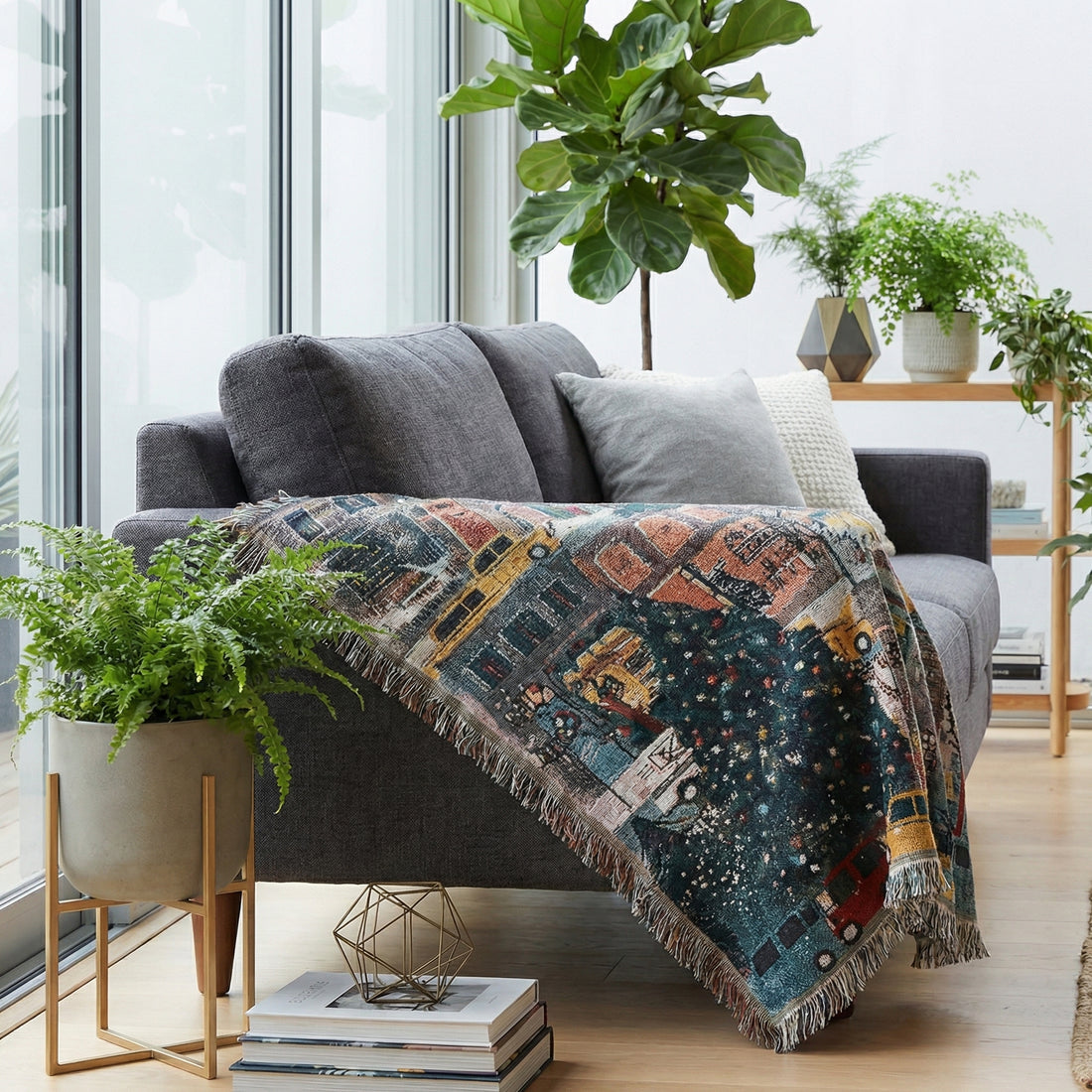 Woman on a sofa wrapped in a festive Christmas knitted throw blanket with colorful car and tree motifs and fringe.