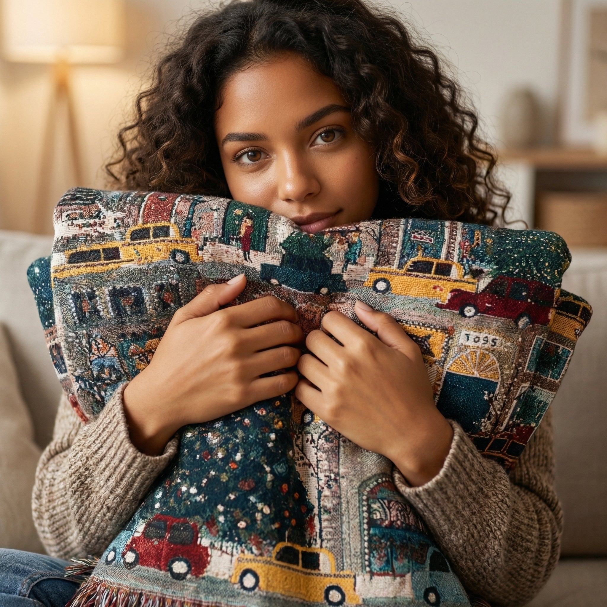 Woman holding a festive knitted throw blanket with a colorful city and car design, featuring fringe accents.
