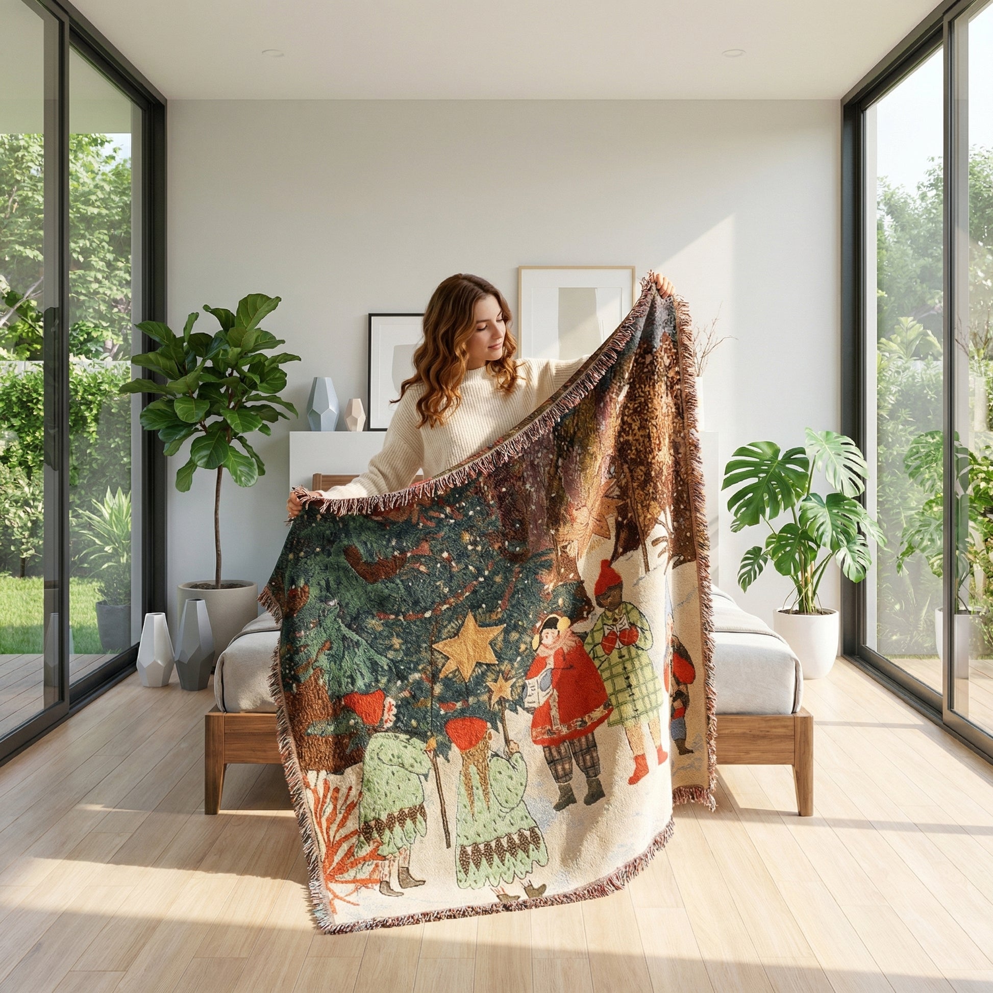 Woman holding a large festive Christmas knitted throw blanket with colorful holiday motifs and fringe accents.