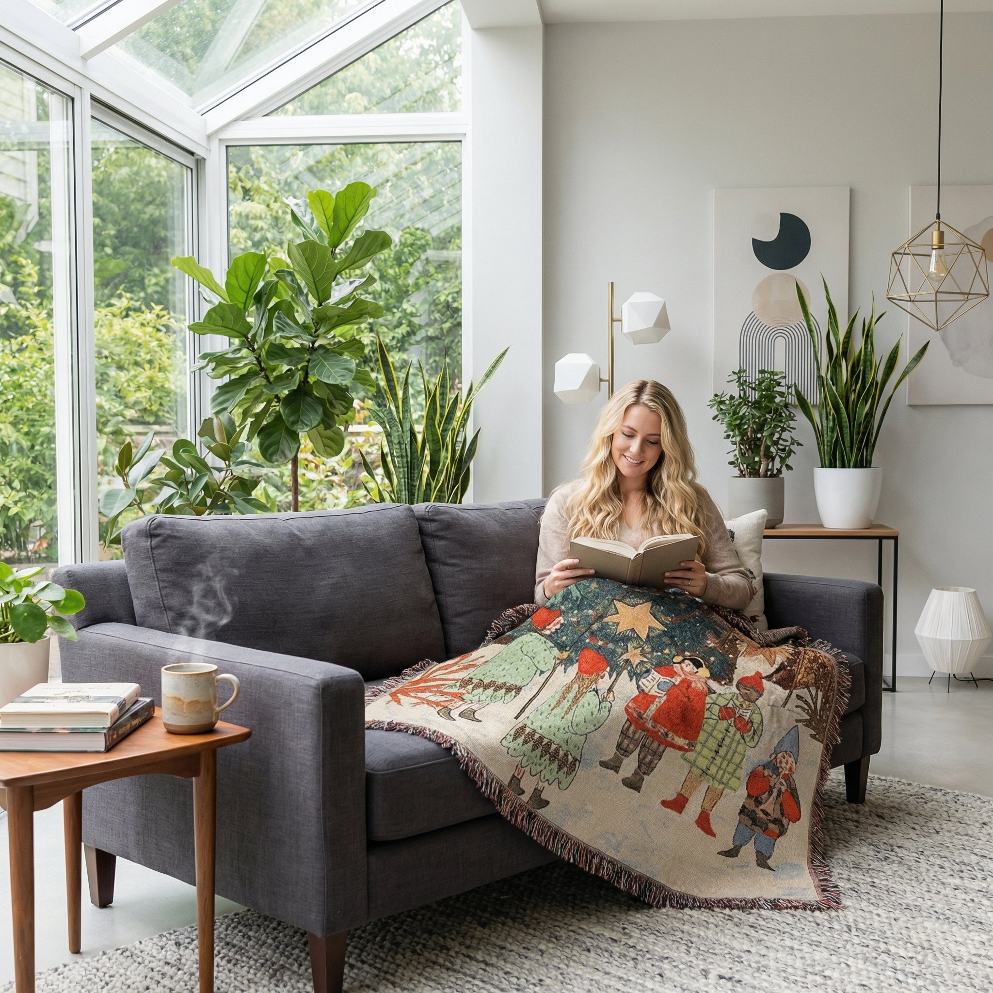 Woman on a gray couch reading, covered by a festive Christmas knitted throw blanket with cheerful motifs and fringe.