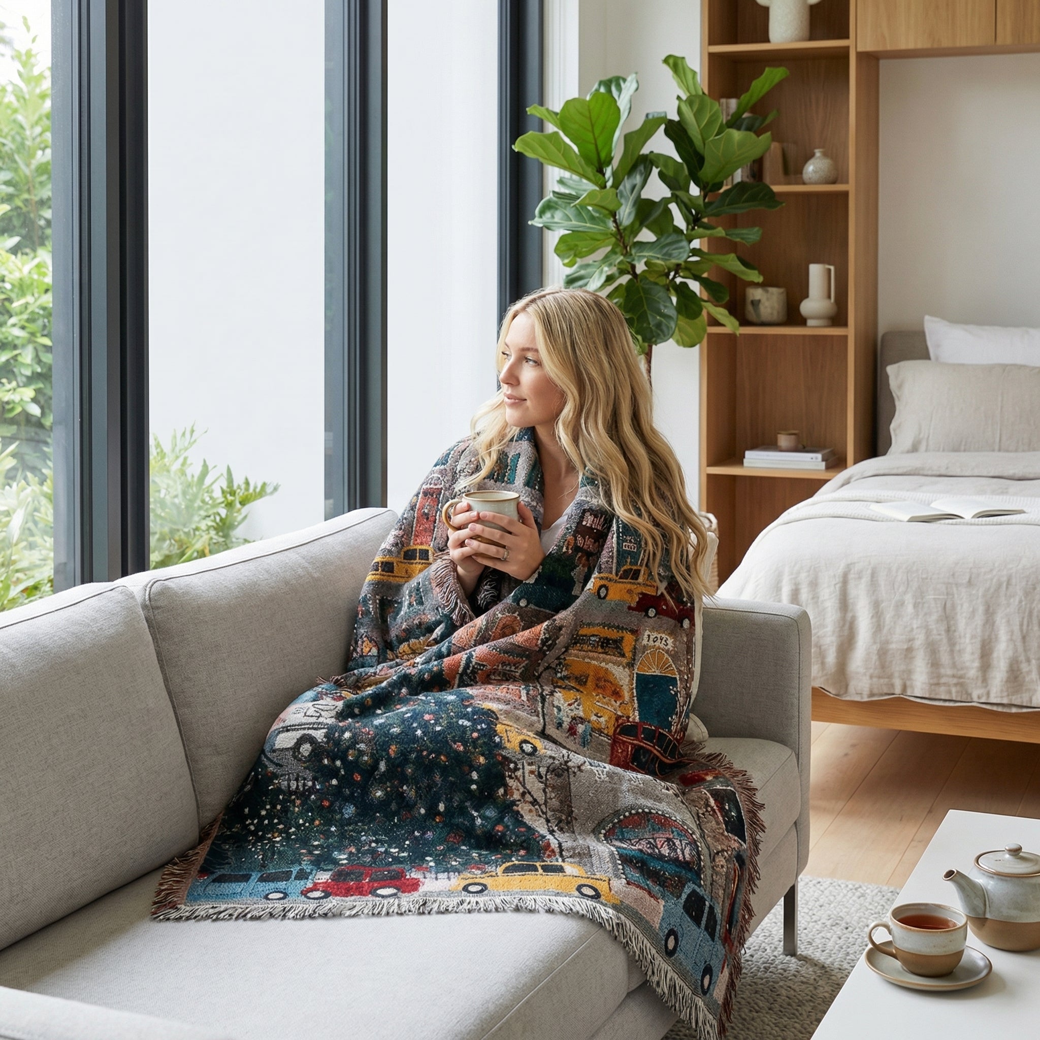 Woman on a sofa wrapped in a festive Christmas knitted throw blanket with colorful car and tree motifs and fringe.