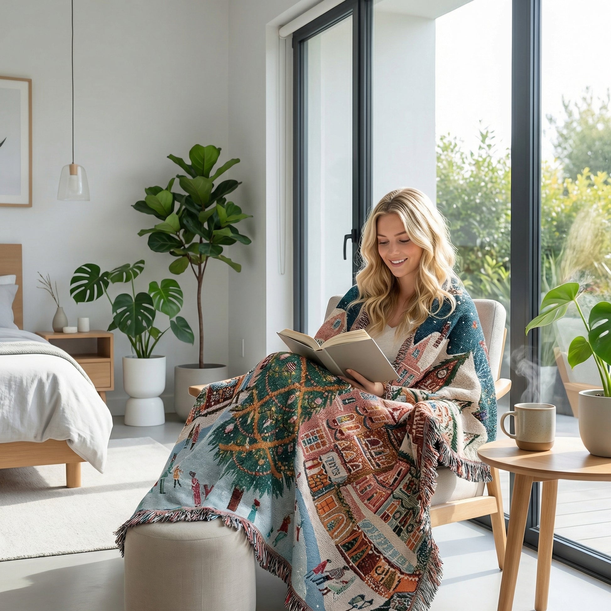 Woman wrapped in a festive Christmas knitted throw blanket with a tree and village design, reading in a cozy room.