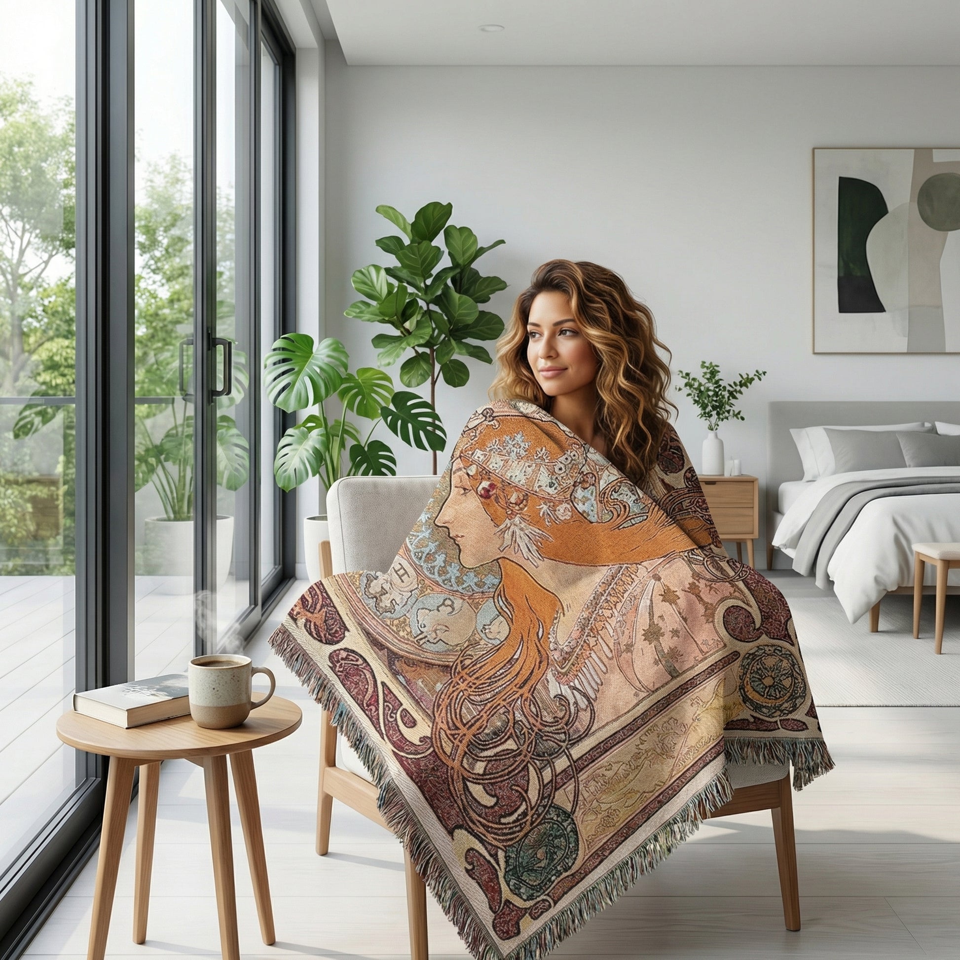 Woman wrapped in a jacquard woven throw blanket with an Art Nouveau-style portrait and fringe accents.