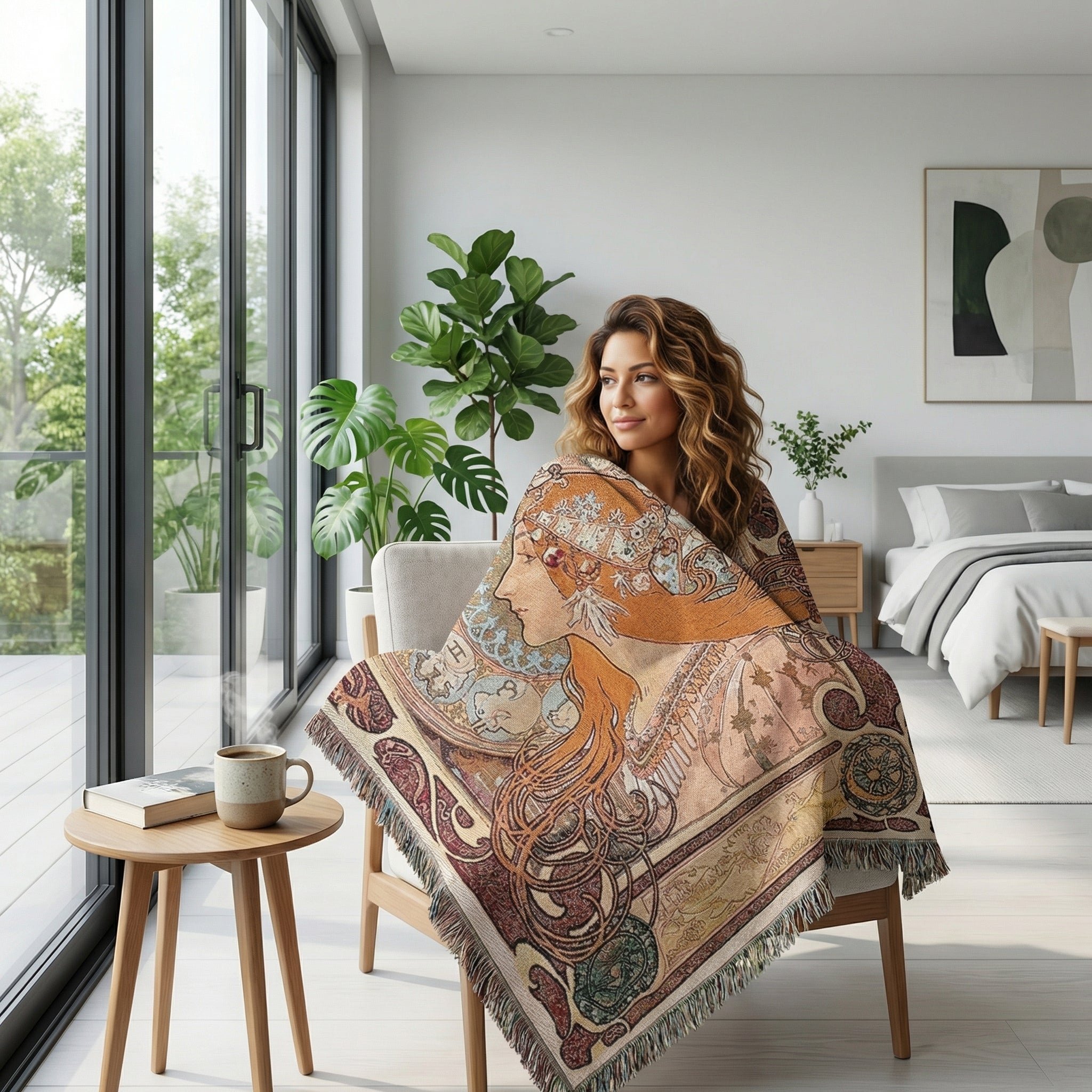 Woman wrapped in a jacquard woven throw blanket with an Art Nouveau-style portrait and fringe accents.