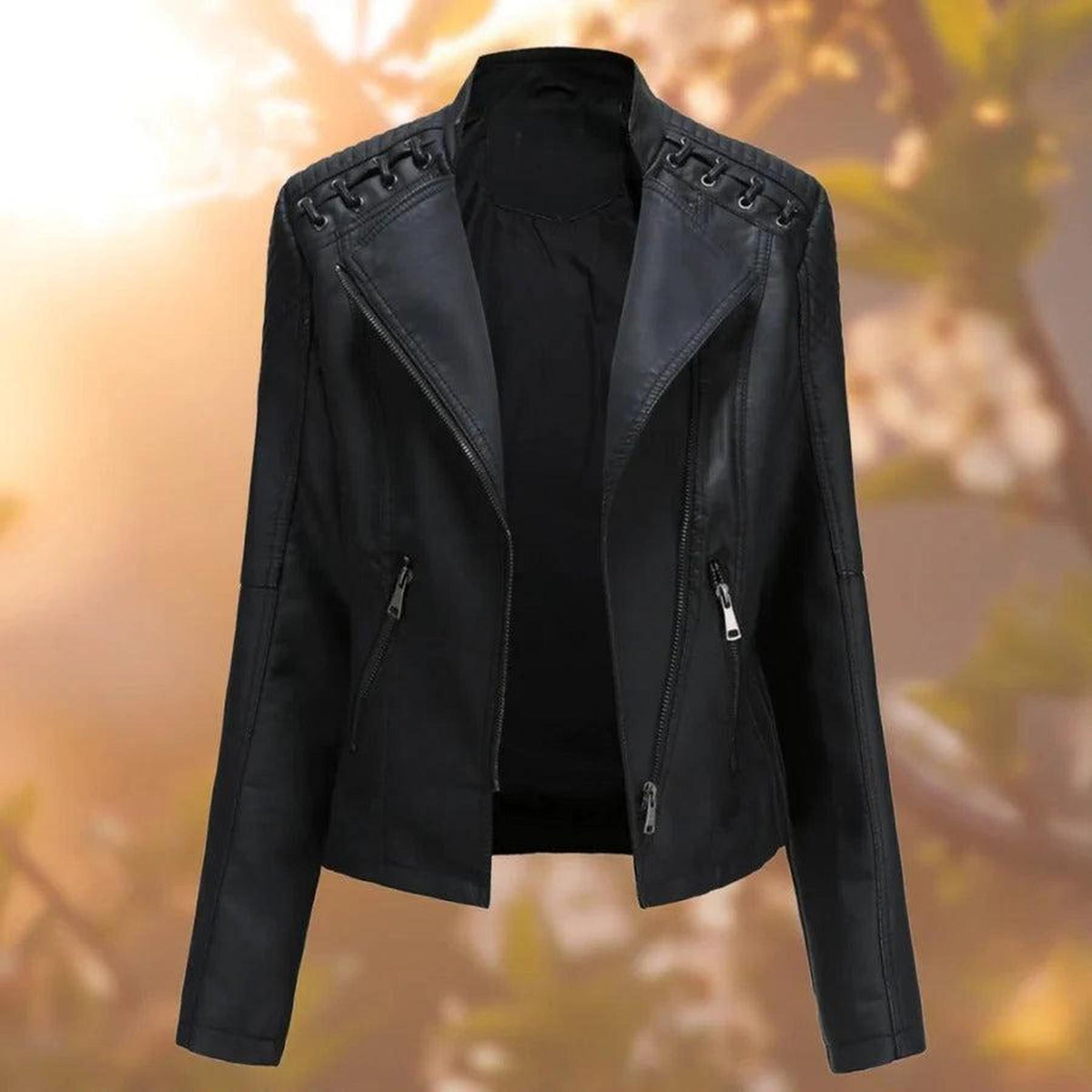 Fitted Faux Leather Biker Jacket with Lace-Up Shoulders 1