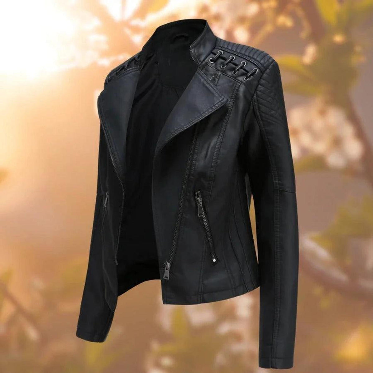Fitted Faux Leather Biker Jacket with Lace-Up Shoulders 0