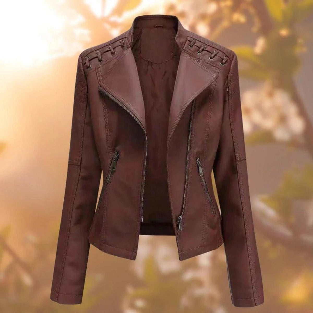 Fitted Faux Leather Biker Jacket with Lace-Up Shoulders 2