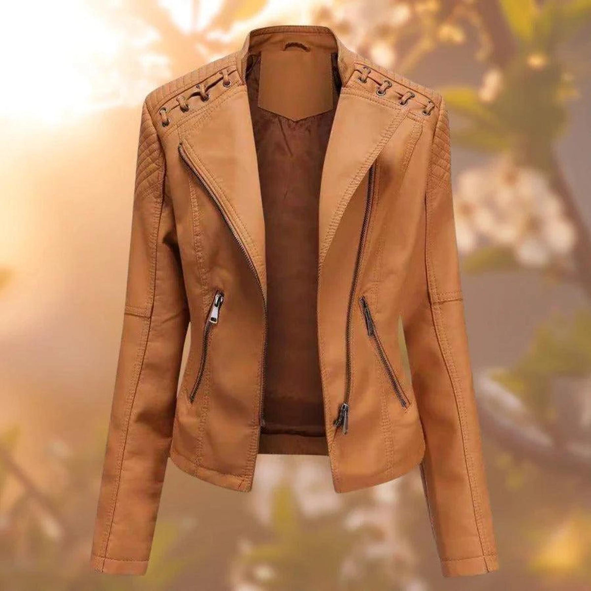 Fitted Faux Leather Biker Jacket with Lace-Up Shoulders 3